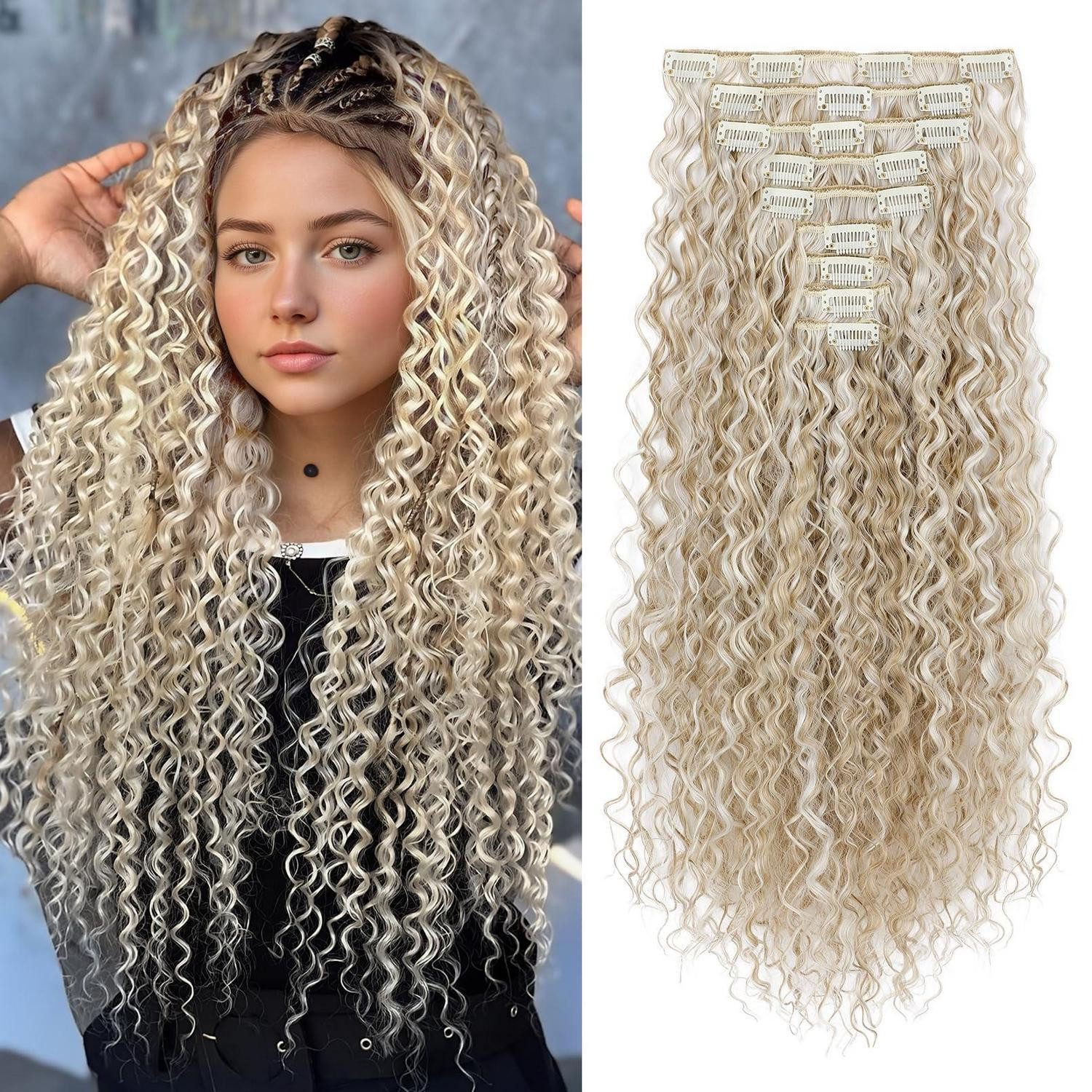 LuxusKollektion Kunsthaar-Extension Haarverlängerungen 56 CM Blaune Haare mit weißen blonden Highlights
