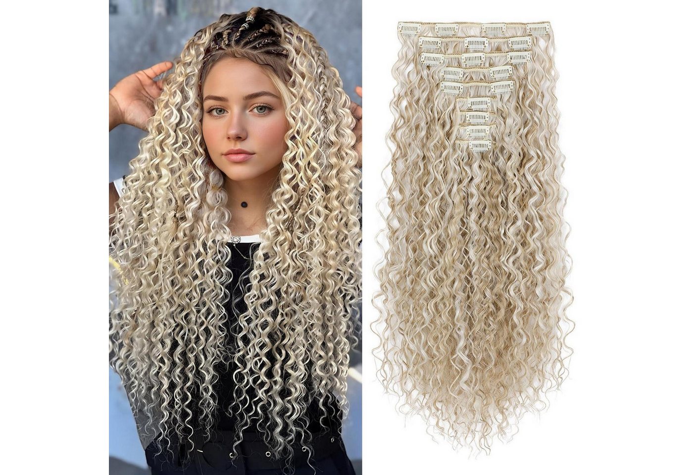 LuxusKollektion Kunsthaar-Extension Haarverlängerungen 56 CM Blaune Haare mit weißen blonden Highlights