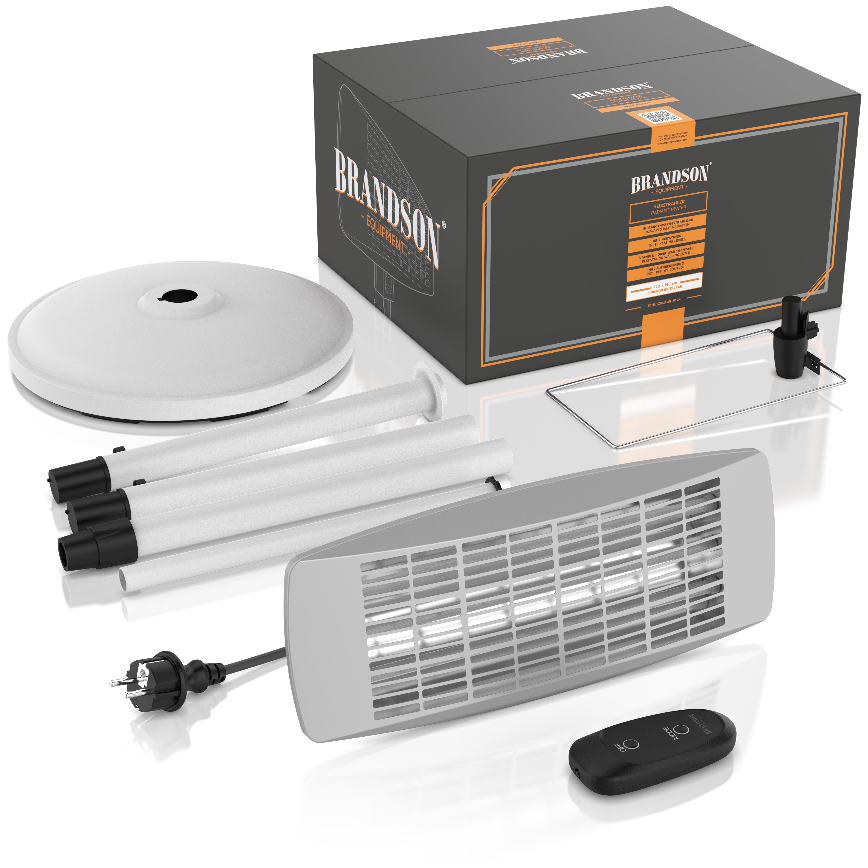 Brandson Infrarotstrahler Heizstrahler mit Fernbedienung & Wandhalterung, Terrassenheizstrahler, 1800 W, 3 Leistungsstufen Heizelemente, schwenkbar und höhenverstellbar