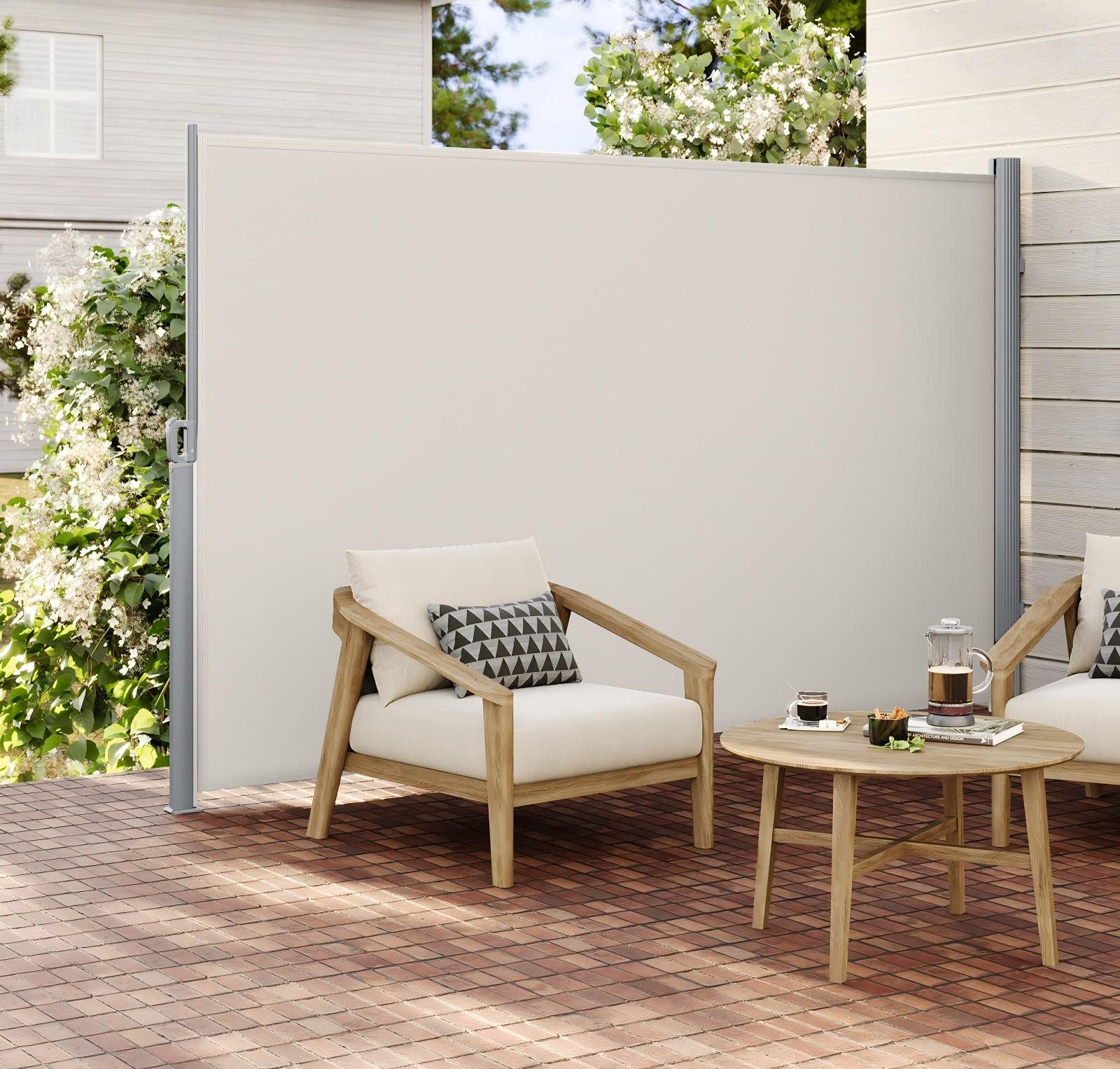 SONGMICS Seitenmarkise ausziehbar, Sichtschutz, balkon terrasse, Windschutz (Sonnenschutz, inkl. Zubehörpaket & Anleitung) Alu, 4 meter, Balkon, mitgelieferte Bodenhalterung