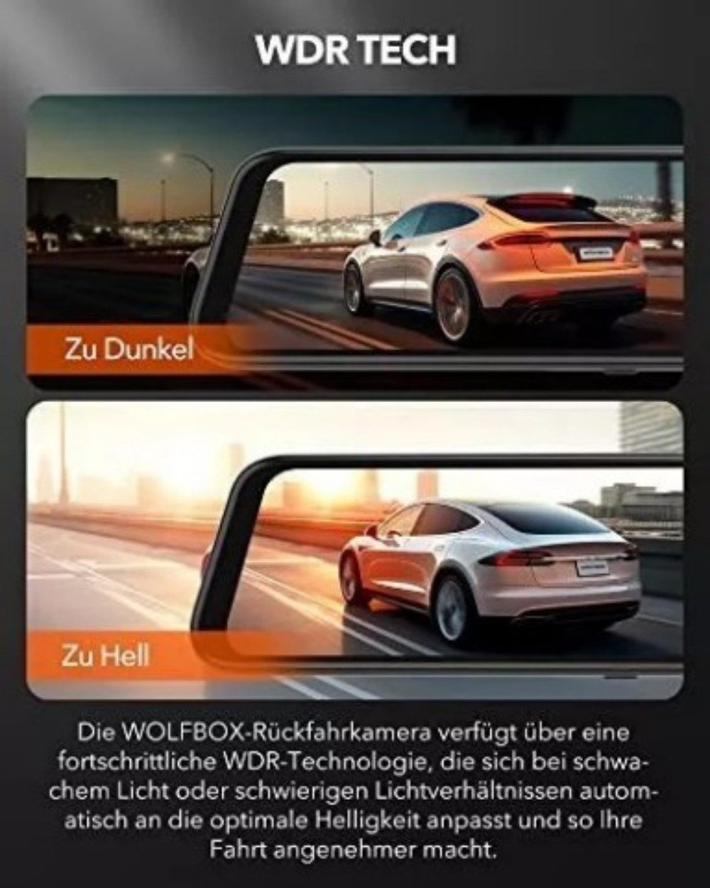 WOLFBOX Super Nachtsicht Spiegel Auto Dashcam (Vorne 4K UHD, Hinten 1080p, WLAN (Wi-Fi), mit Touchscreen, GPS,WiFi, 24H Parküberwachung, WDR-TECH)