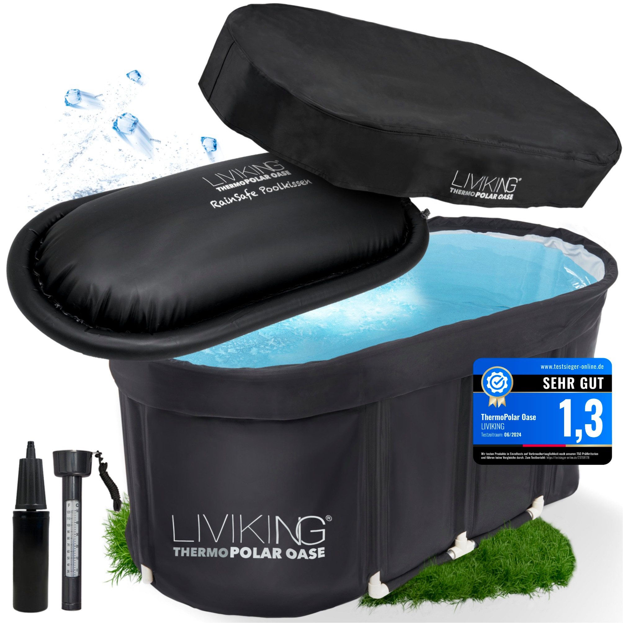 LIVIKING® Badewanne faltbar & Eisbad - 120cm KOMFORT - mobile Outdoor Badewanne Erwachsene, (WeatherPro-BUNDLE ThermoPolar Oase - ovale Sport Eistonne), ThermoPolar Isolierung, SolidShape Rahmen, Balkon Mini Pool Eisfass