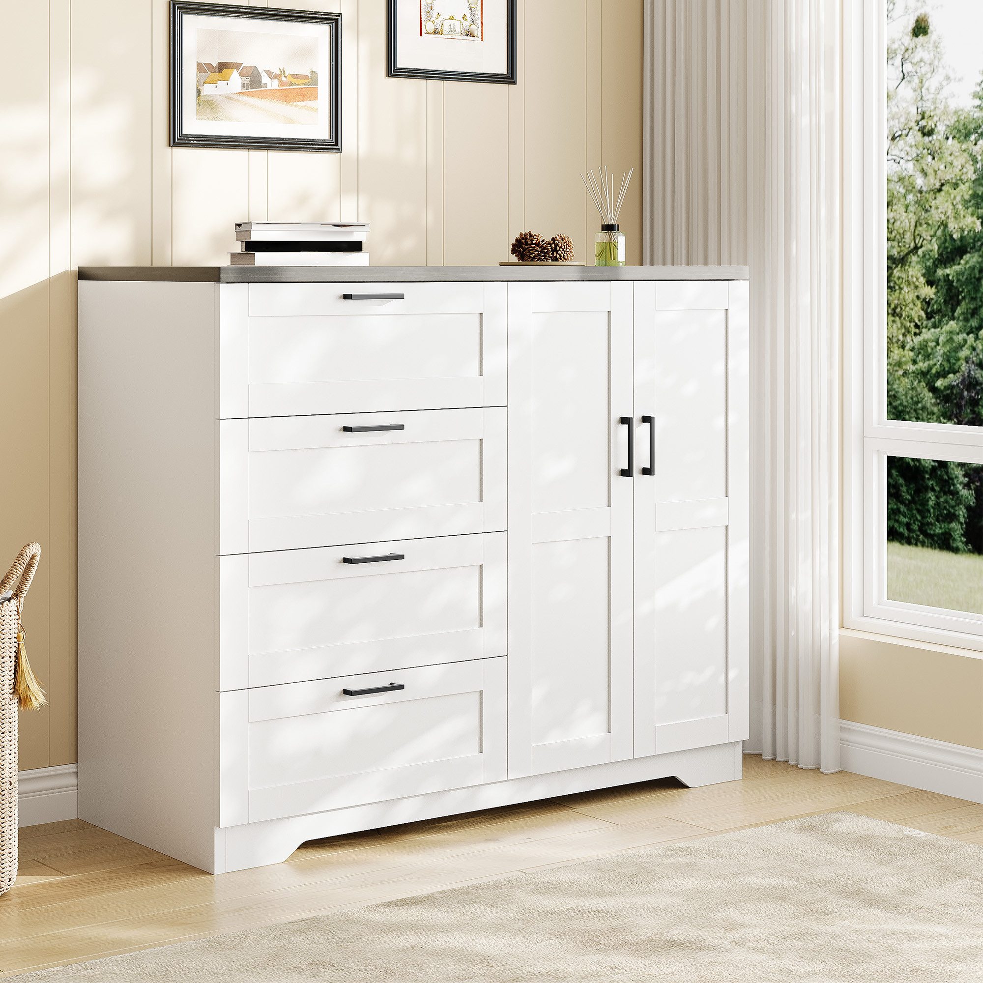 GarveeMore Kleiderschrank Niedriger Sideboard mit 2 Türen & 4 Schubladen, Weiß & Braun (120×50×110 cm) Kippsicherung, Metallgriffen, viel Stauraum für Schuhe, Kleidung, Hüte