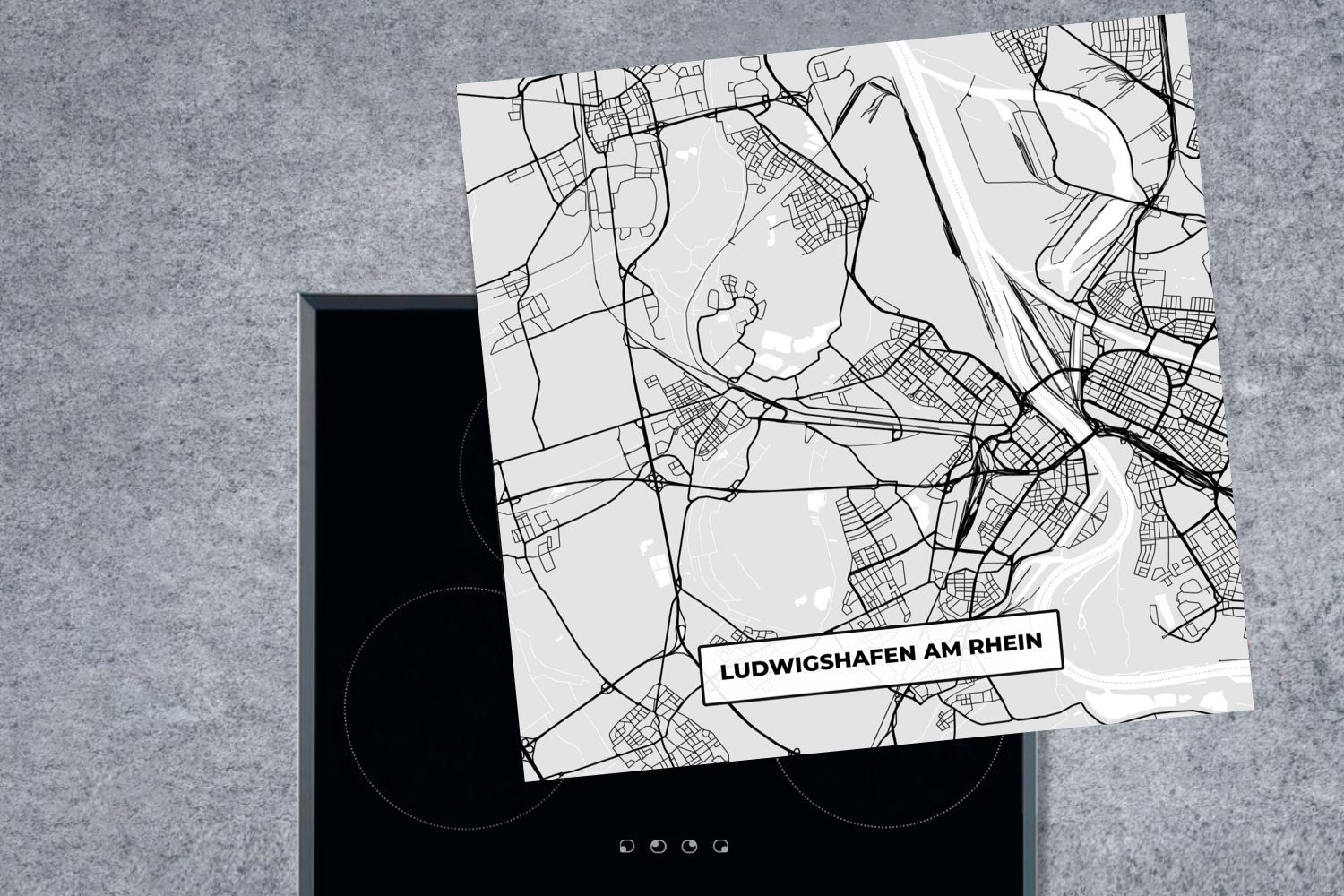Rhein - - Deutschland Ludwigschafen - für Herdblende-/Abdeckplatte Ceranfeldabdeckung, Karte - cm, Arbeitsplatte Am 78x78 küche (1 Karte Stadtplan, Vinyl, MuchoWow tlg),
