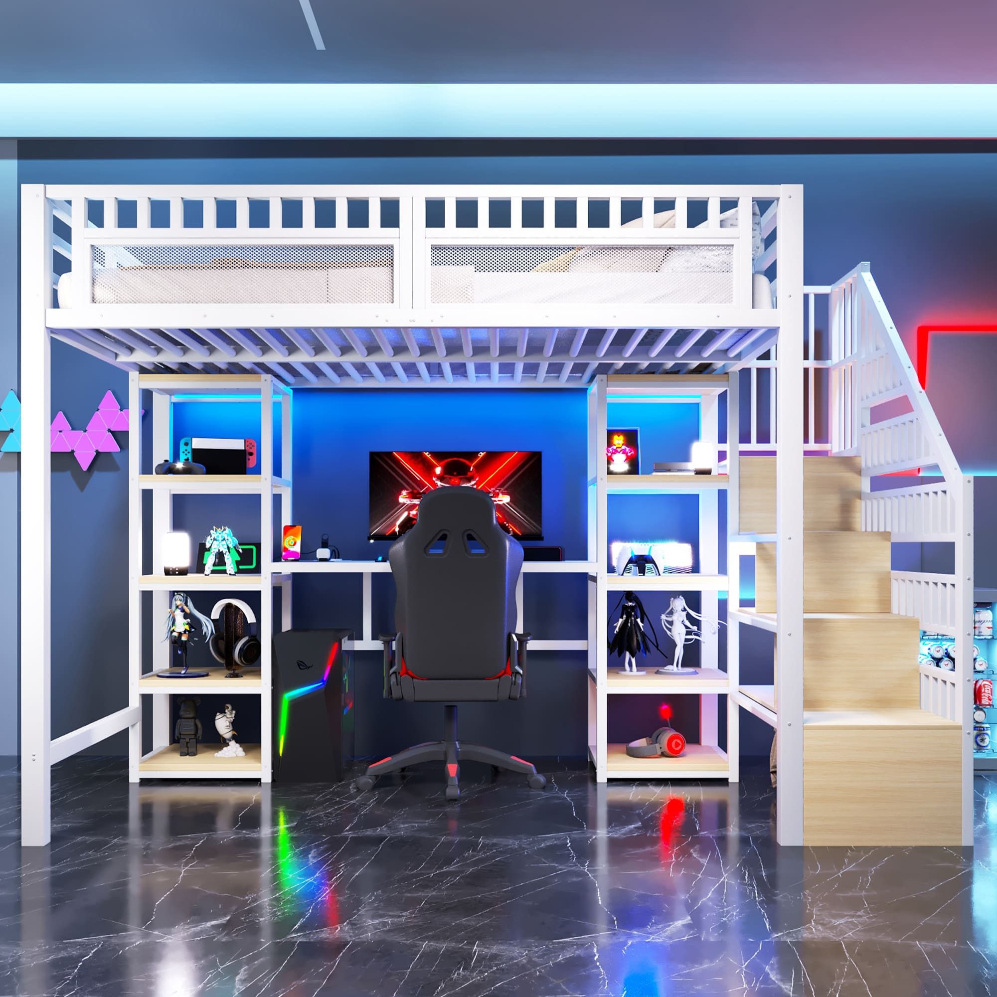 Ulife Hochbett Hochbett mit Schreibtisch, LED & USB (Eisenrahmen, ohne Matratze)