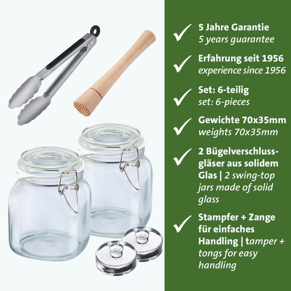 WESTMARK Fermentationsglas Fermentier-Set 6 tlg., Stahl, Glas, Edelstahl, TPE, Buchenholz, (Starterset), Starterpaket