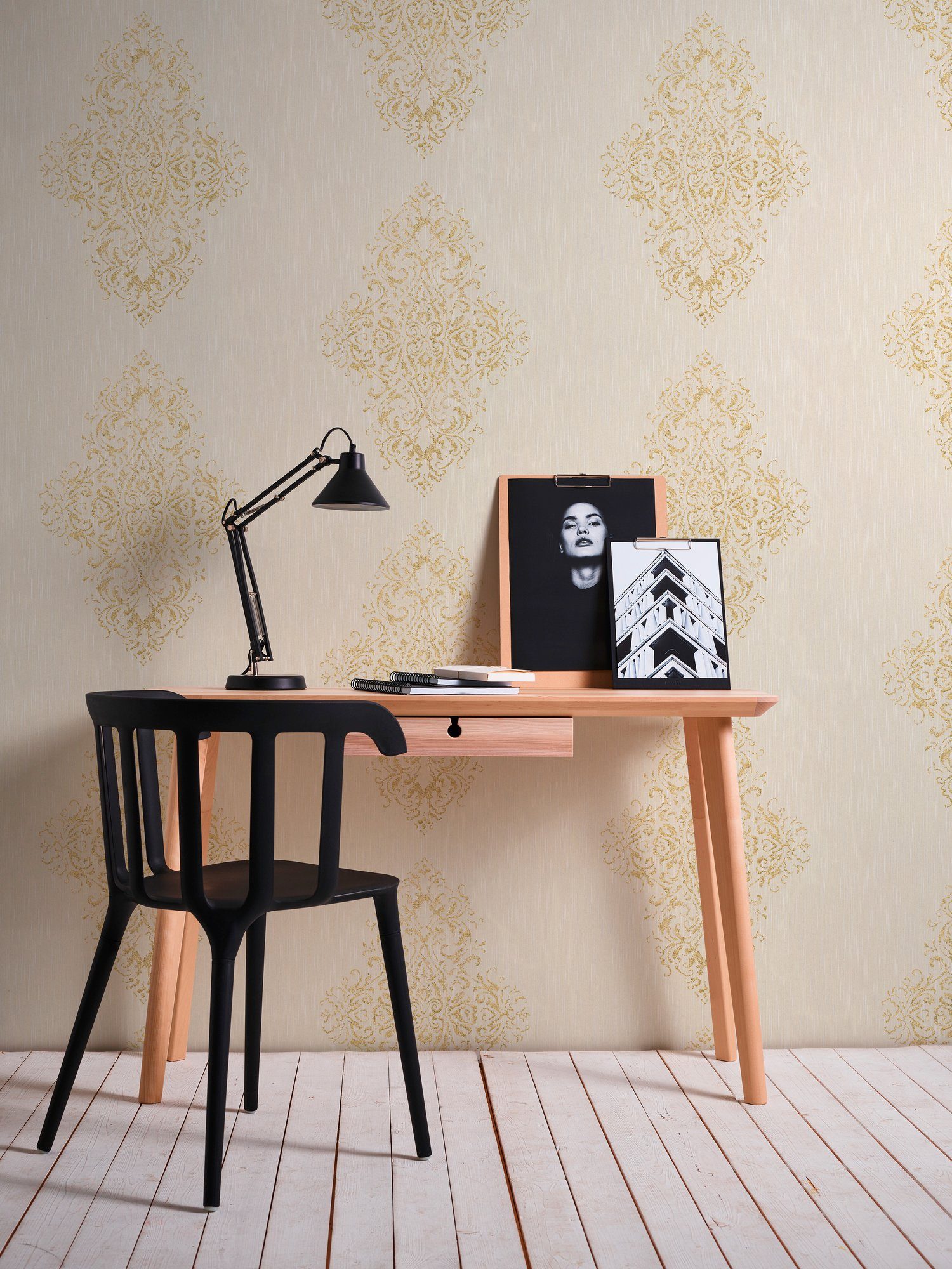 Metallic Textiltapete A.S. Effekt samtig, Luxury Paper Barock, creme/gold Architects wallpaper, Barock Tapete Création Textil