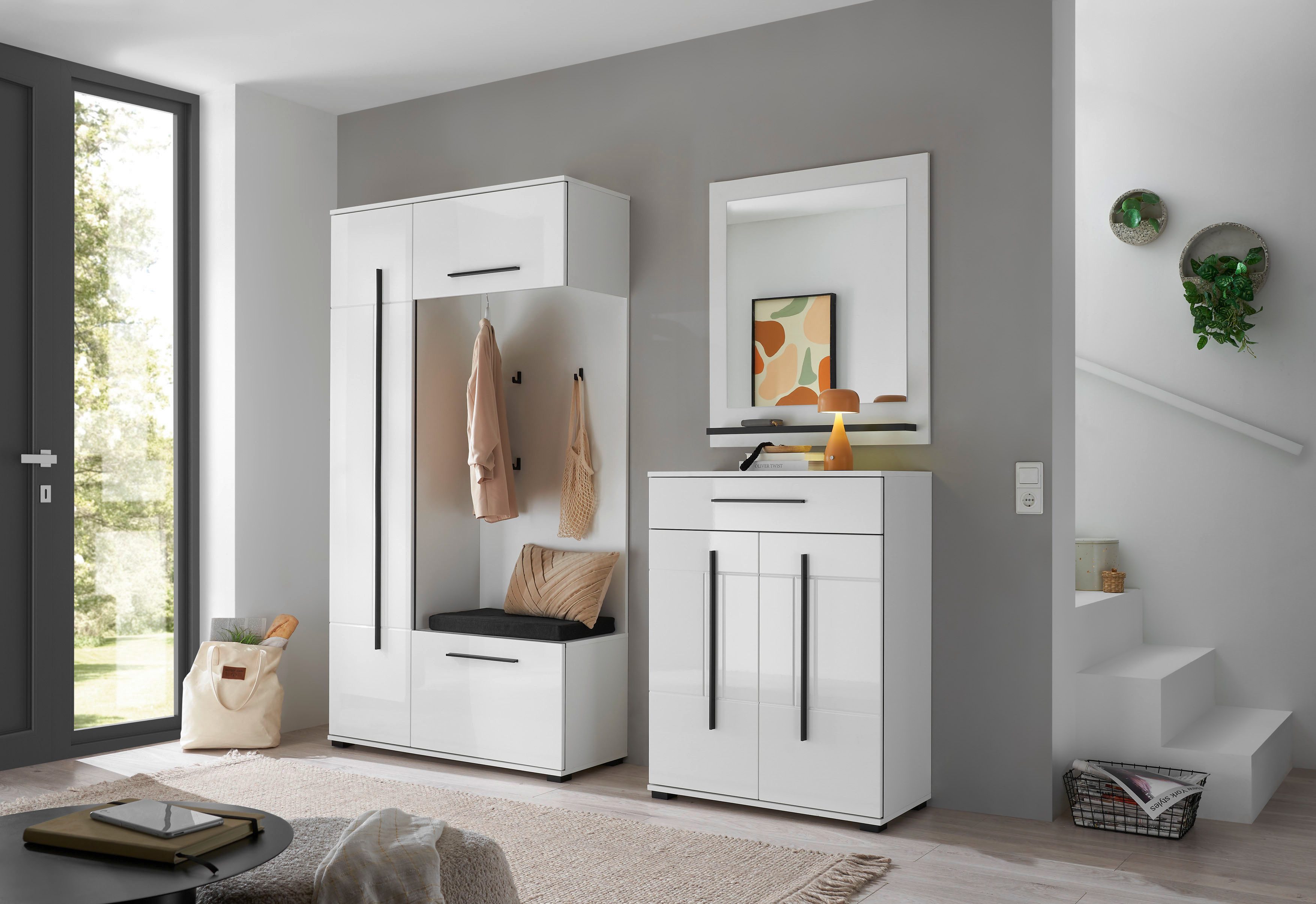 Home affaire Kompaktgarderobe Cantara Flurgarderobe, modern, 2 Farben, 111 cm breit (2-St) unterschiedliche Stauraummöglichkeiten, inkl. Sitzkissen