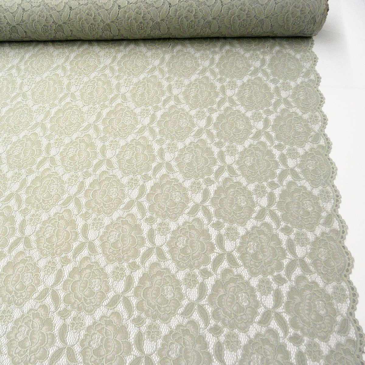 SCHÖNER LEBEN. Stoff Elastische Spitze Blumen mit Wellen Abschluss beidseitig grau