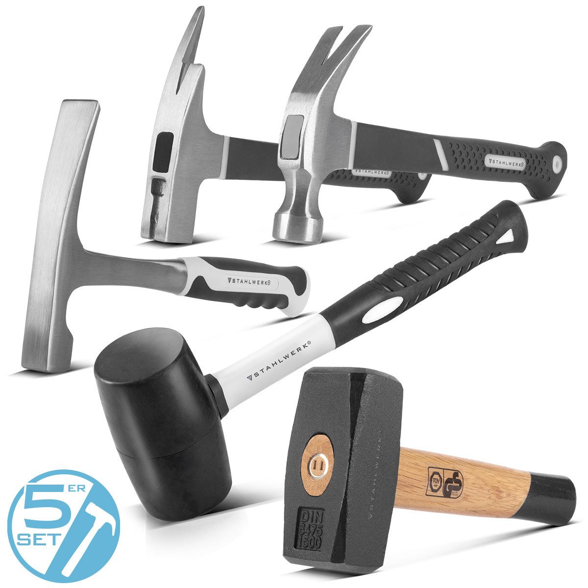 STAHLWERK Vorschlaghammer Hammer 5er Set mit zwei Fäusteln, Klauenhammer (Set, 5-St., Set), Griff aus rutschsicherem Fiberglas