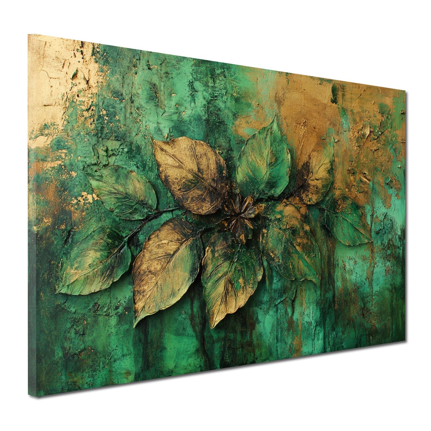 Artedinoi Leinwandbild Blattstruktur Gold Grün Naturrelief Wandbild Leinwandbild Kunstdruck X, Blattrelief in Gold-Grün