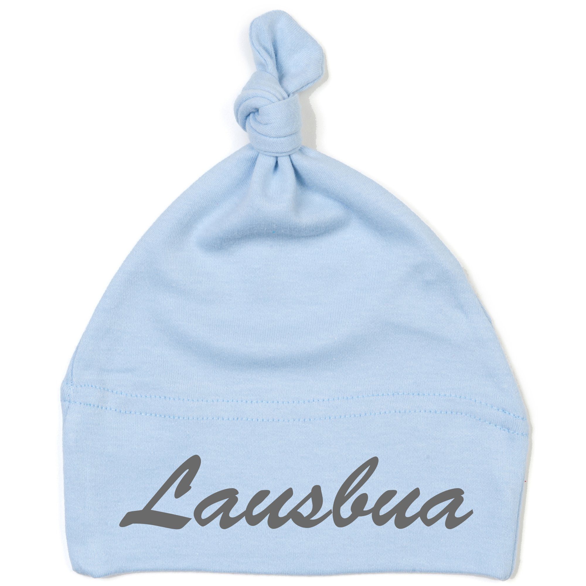 Schnoschi Erstlingsmütze Babymütze mit Knoten und mit Lausbua hochwertig bestickt / gestickt Stickerei mit Lausbua hellblau