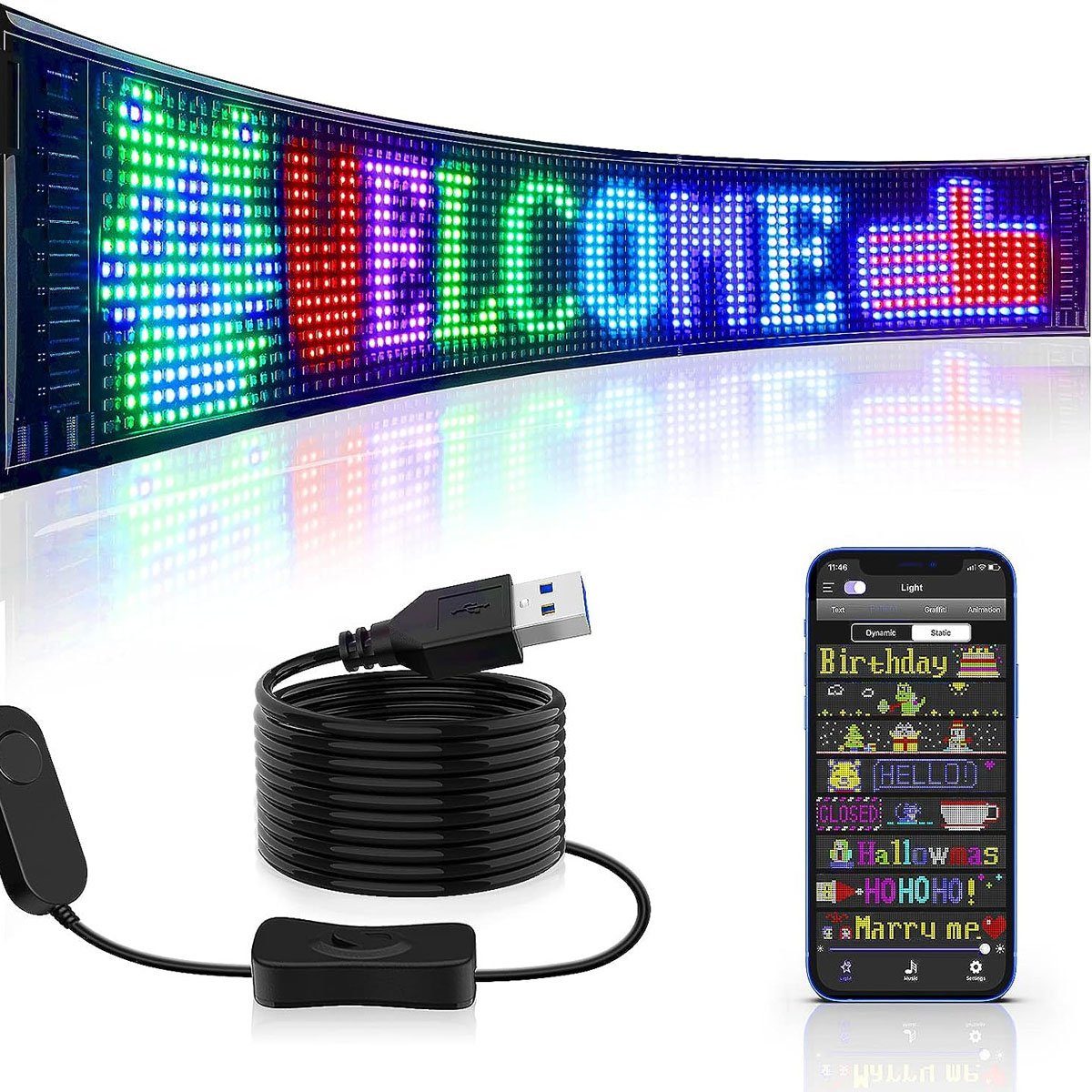 JOYOLEDER Hinweisschild LED Scrolling Display Board RGB Auto Flexible LED  Matrix, Bluetooth Control Text Muster Graffiti Animation Schild