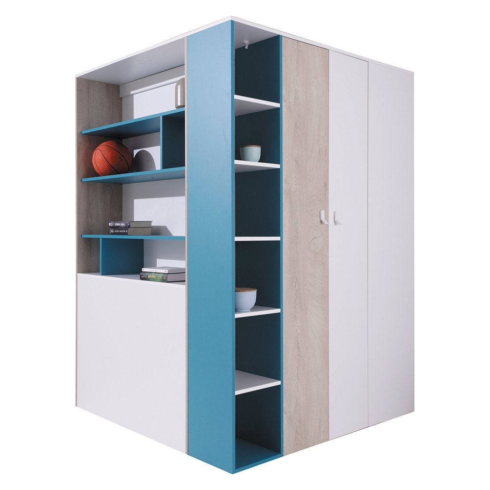 Lomadox Kleiderschrank PITTSBURGH-133 begehbar, 135x135cm, weiß/Eiche/blau