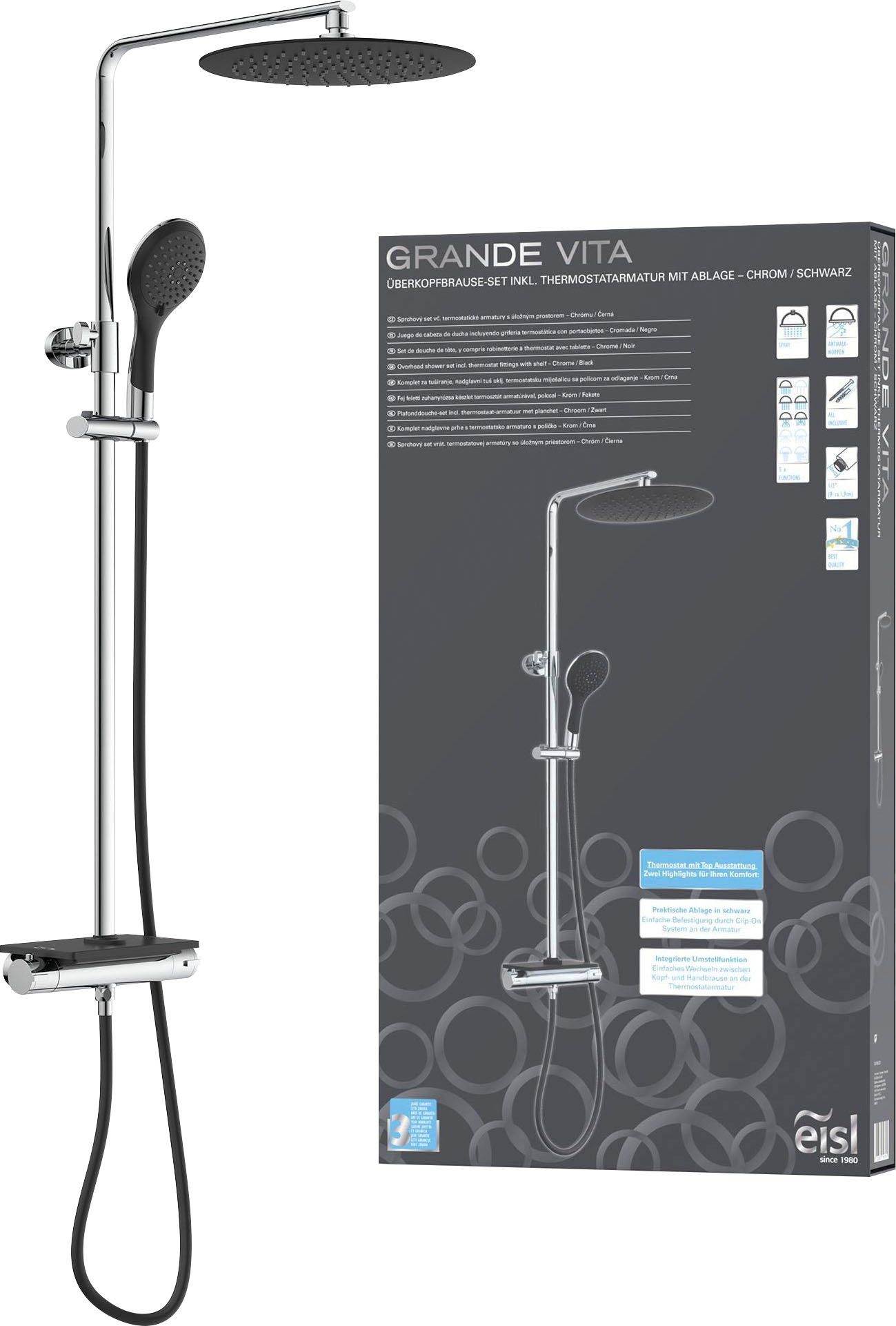 Eisl Brausegarnitur Grande Vita, Höhe 101 cm, Duschsystem mit Thermostat und Ablage, Regendusche mit Wandhalterung schwarz-chromfarben