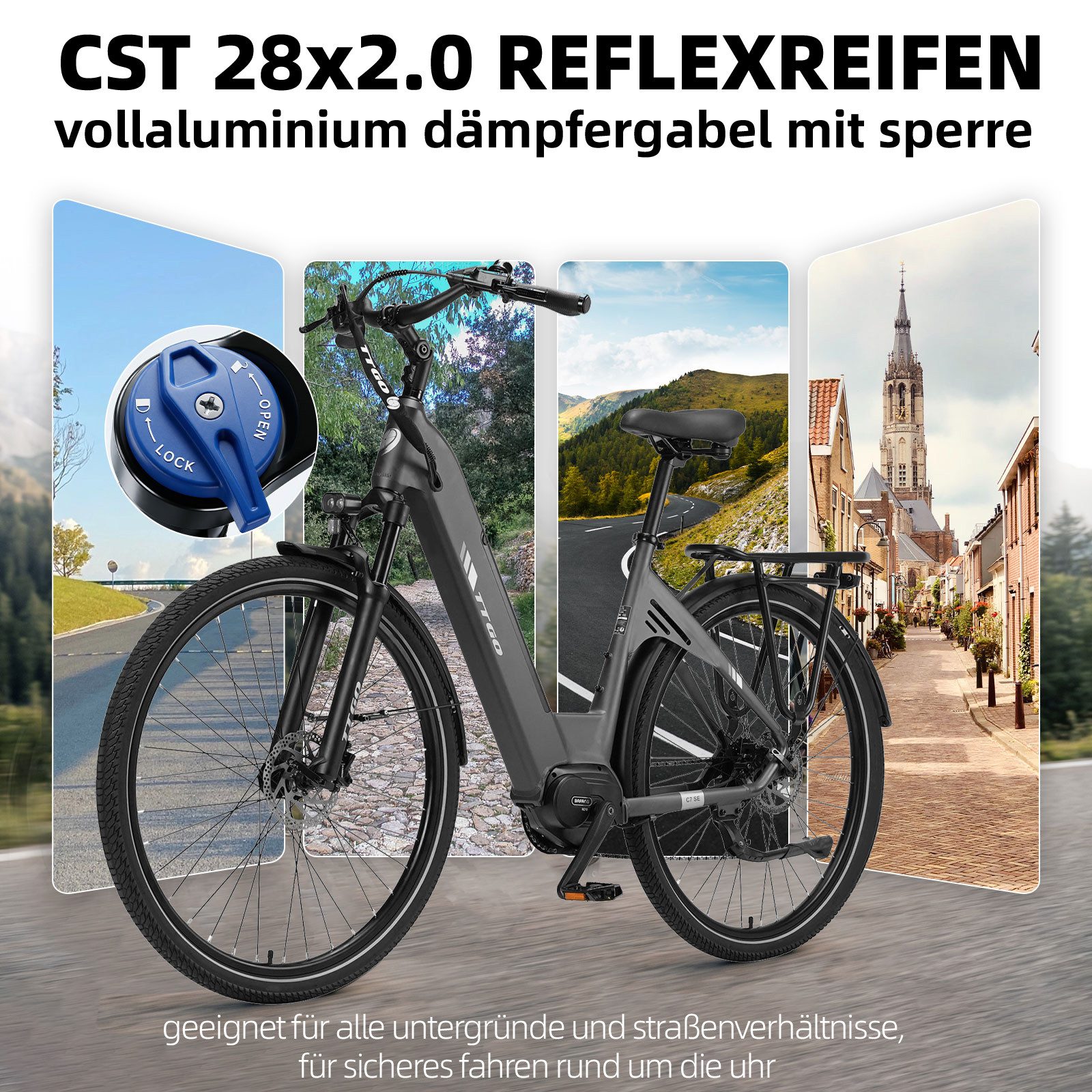 TTGO E-Bike Cityrad 28 Zoll, 75Nm Mittelmotor, 650Wh bis zu 140km, Lockout-Federgabel, 9 Gang Shimano, Kettenschaltung, Mittelmotor, 650 Wh, (Pedelec, Farb-LCD- – Bild 4 von 5