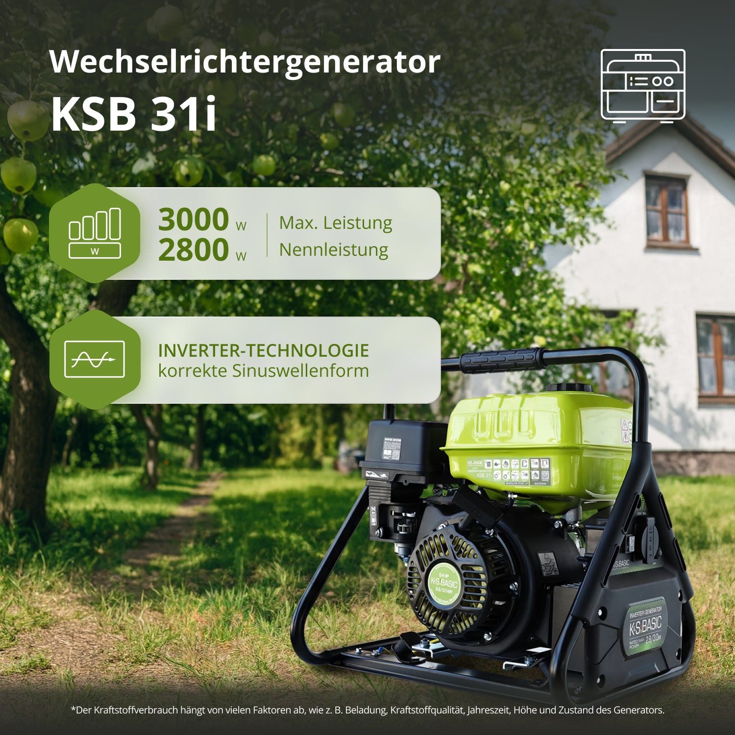 Könner & Söhnen Stromerzeuger KSB 31i, 3 in kW, (Inverter-Generator, Preisniveau wie Standard-AVR-Gerät, 1-tlg., 3.0 kW, Reine Sinuswelle, 100% Kupfer, K&S Basic Modell), EURO-5, Kompakt, 1x Steckdose, Günstige Inverter-Technologie