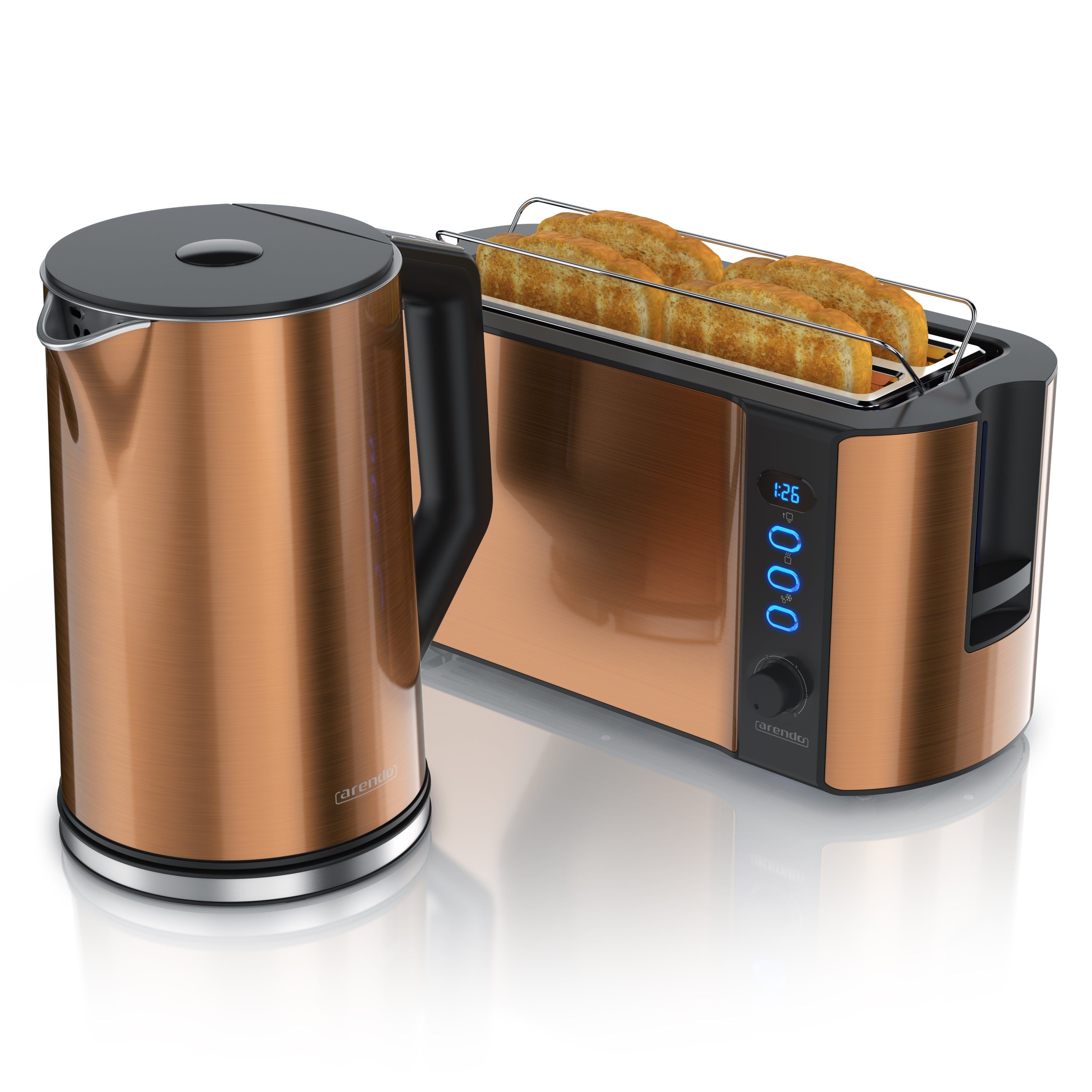 Arendo Frühstücks-Set Edelstahl Wasserkocher 1,5l, 4-Scheiben Langschlitz Toaster, Kupfer (2-tlg), BPA-frei, GS-geprüfte Sicherheit, perfekt fürs Familienfrühstück