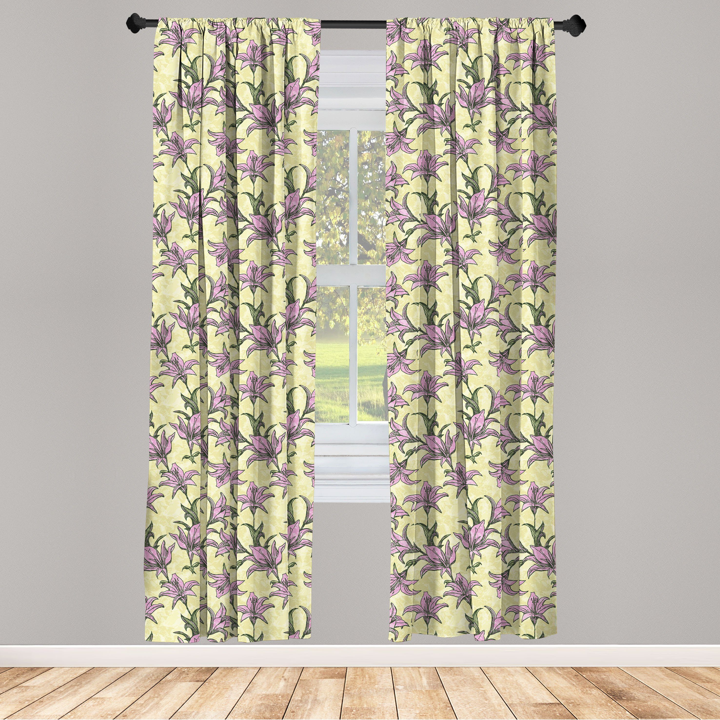 Gardine Vorhang für Wohnzimmer Dekor, Blooming-Lilien-Kunst-Muster Microfaser, Blumen Schlafzimmer Abakuhaus