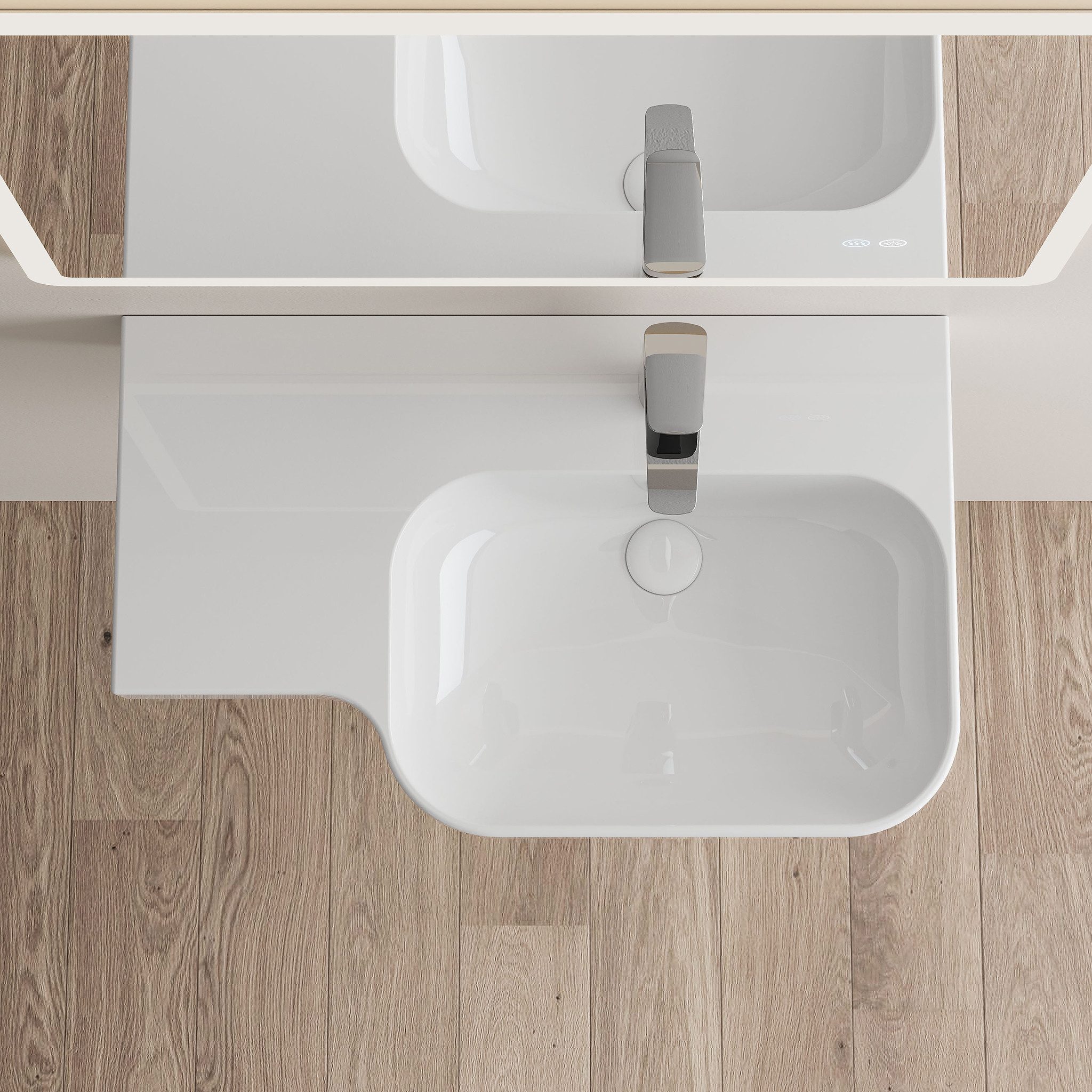HOROW Aufsatzwaschbecken Waschbecken Hängewaschbecken Keramik mit Nanobeschichtung (Pflegeleicht, weiß ohne Armutar, mit Hahnloch und Überlauf)