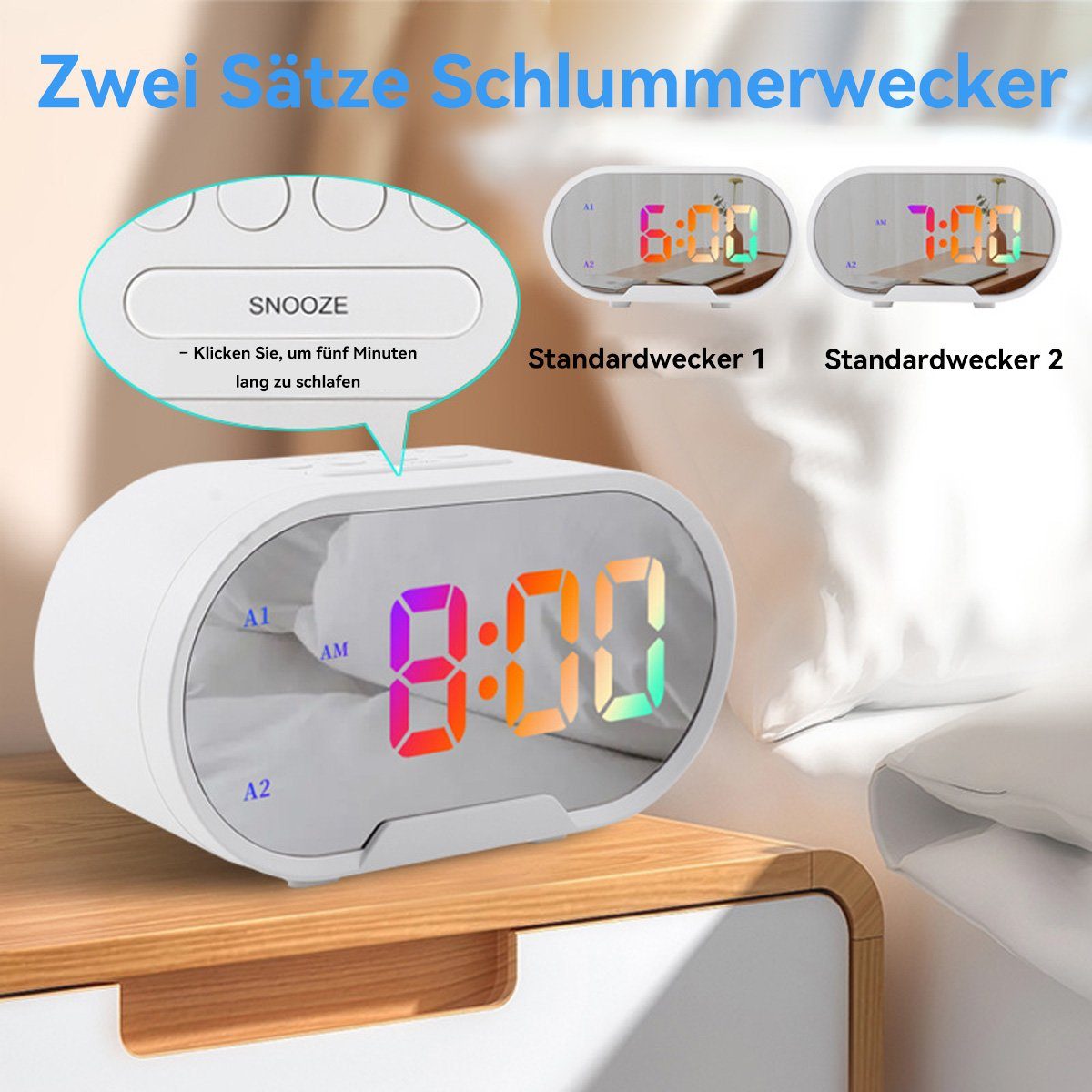 DOPWii Wecker LED-Wecker, Snooze-Funktion Einstellbare Weiß Spiegelwecker Lautstärke