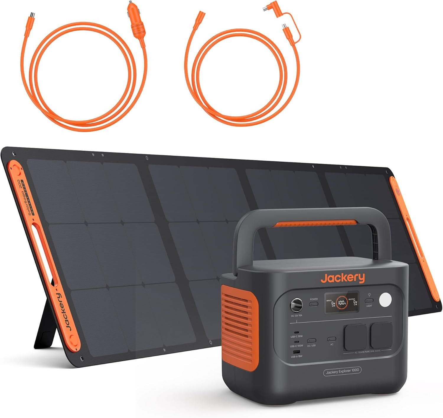 Jackery Stromerzeuger 1000 v2 tragbare Powerstation mit 200W Solargenerator 1070Wh, 3 in kW, mit Kfz-Ladekabel & 5M Kabel, LiFePO4 für Camping, Notfall