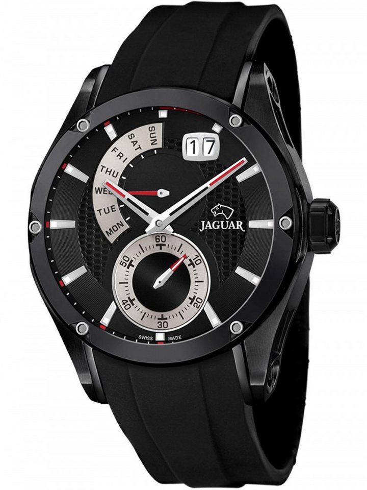 JAGUAR Quarzuhr Jaguar Herren Uhr Fashion J681/2 PUR, Herren Armbanduhr  rund, PURarmband schwarz, Fashion, Wochentag