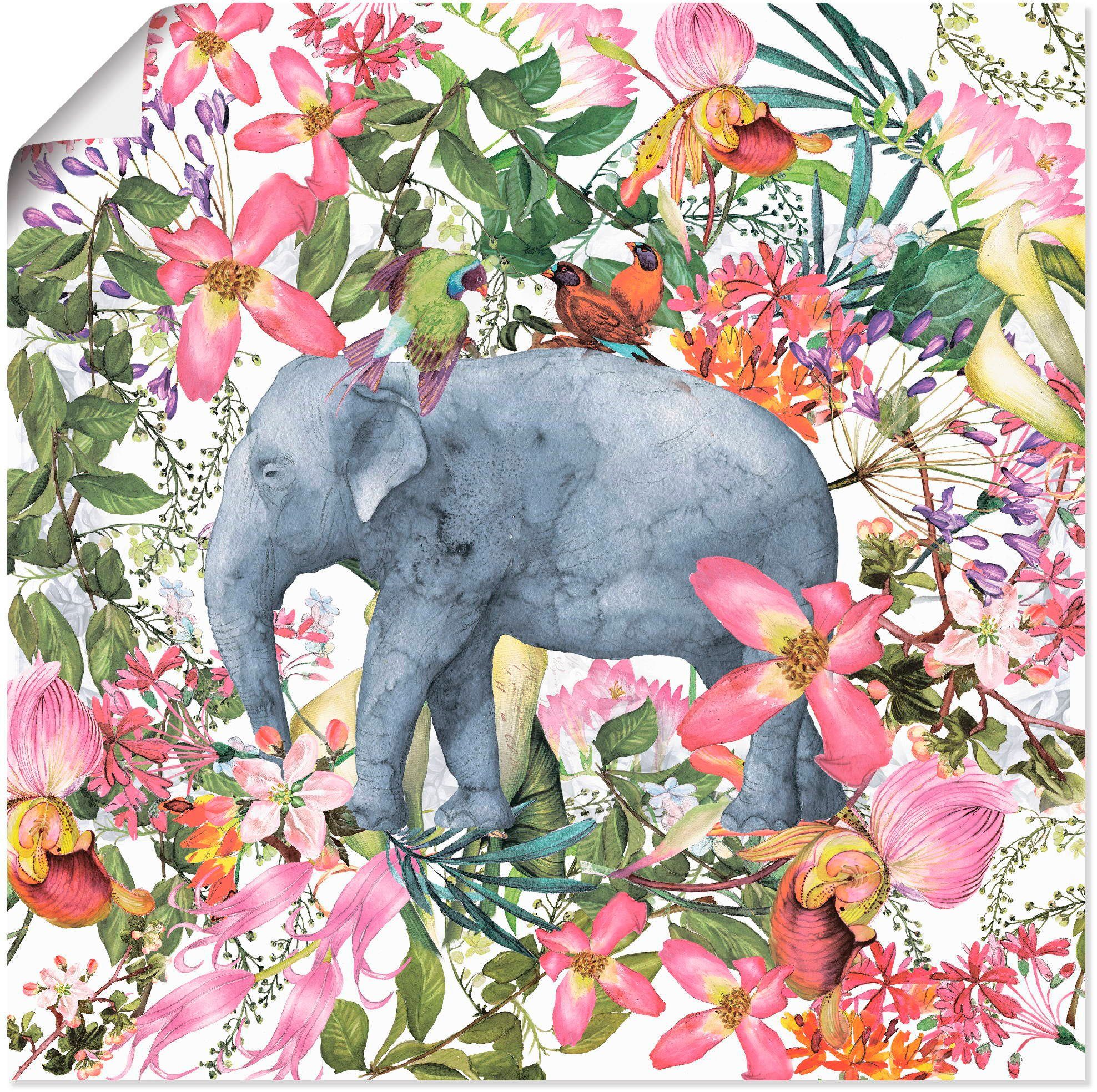 Artland Wandbild Elefant im Blüten Dschungel, Wildtiere (1 St), als Alubild, Leinwandbild, Wandaufkleber oder Poster in versch. Größen