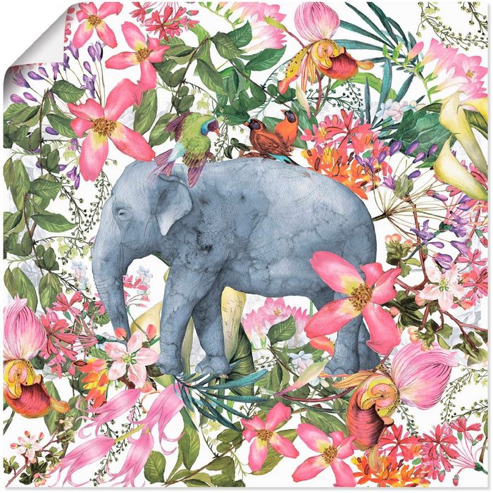 Artland Wandbild Elefant im Blüten Dschungel Wildtiere (1 St) als Alubild Leinwandbild Wandaufkleber oder Poster in versch. Größen