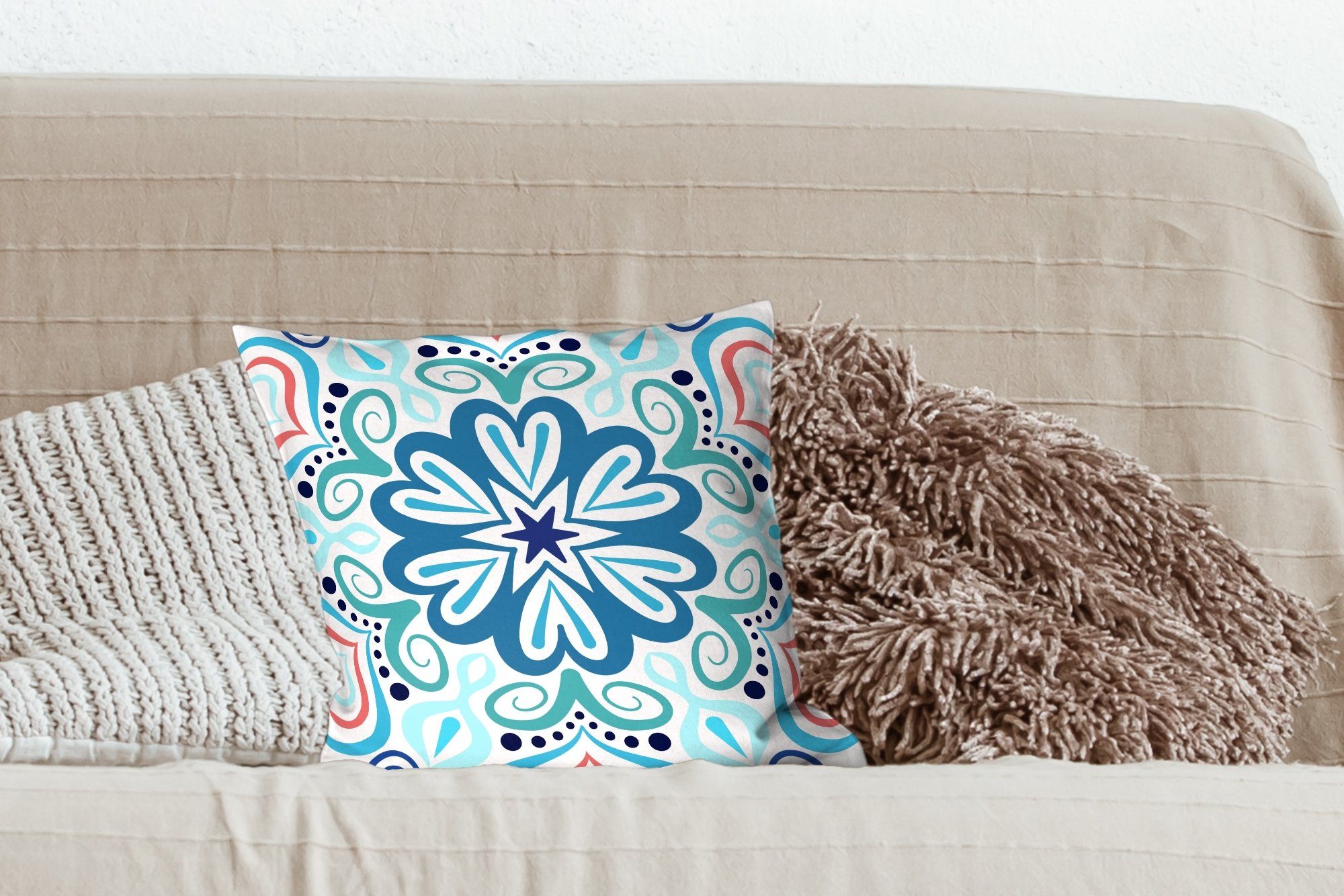 - Dekokissen Blume - Schlafzimmer, Füllung MuchoWow für Wohzimmer, Sofakissen Mandala - Blau Zierkissen böhmisch, mit Deko,