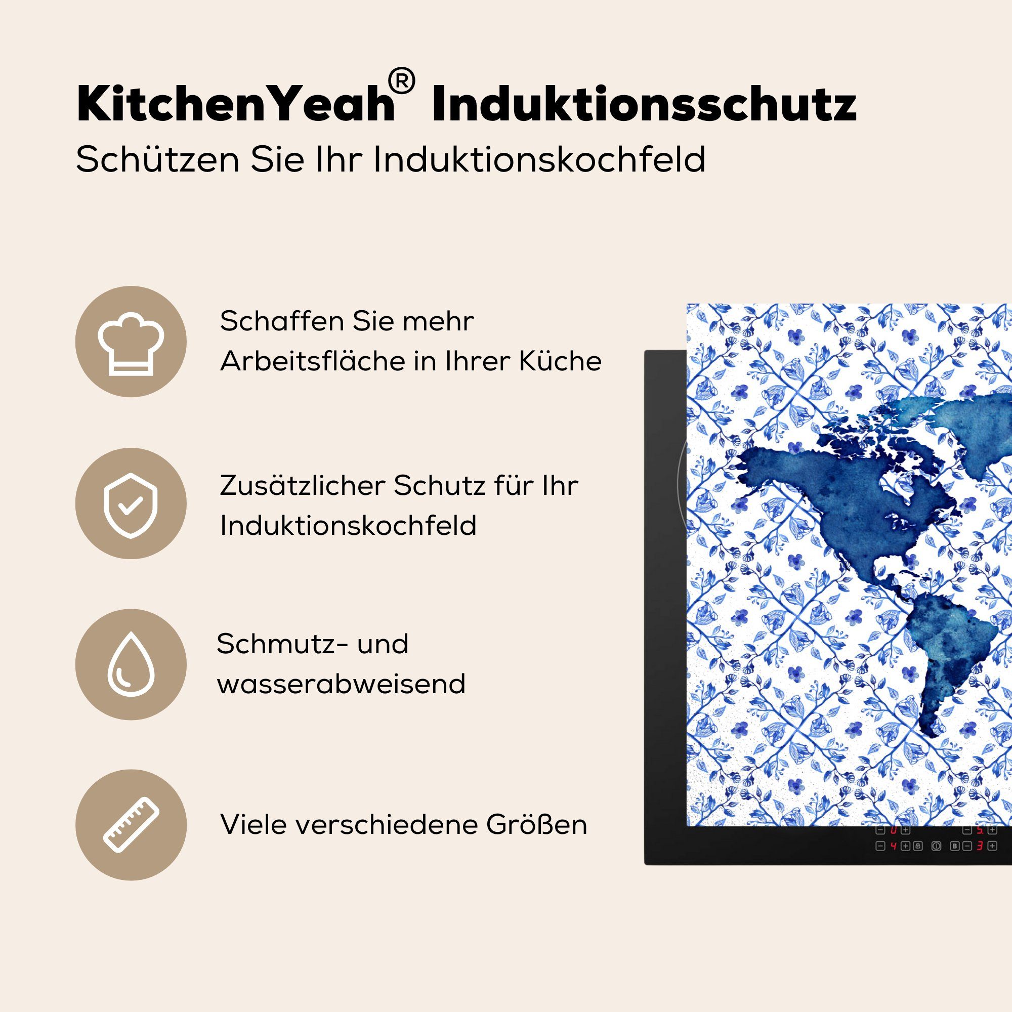 MuchoWow Karte cm, 81x52 Schutz Vinyl, Herdblende-/Abdeckplatte Fliese, tlg), küche, Ceranfeldabdeckung - die (1 Blau für Delfter Induktionskochfeld