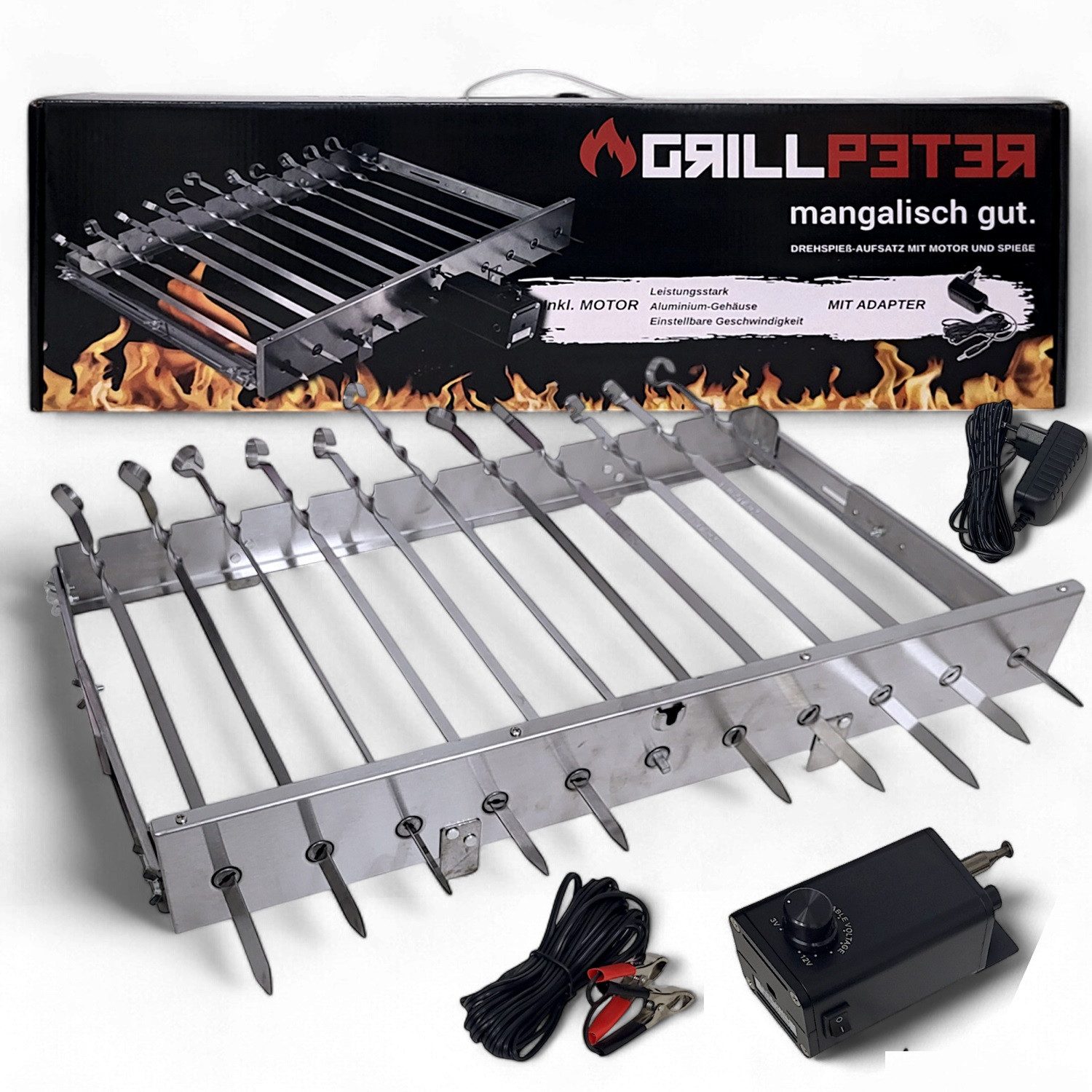 Grillpeter Drehspieß Mangal Drehspießaufsatz für 11 Spieße Elektromotor Spieße