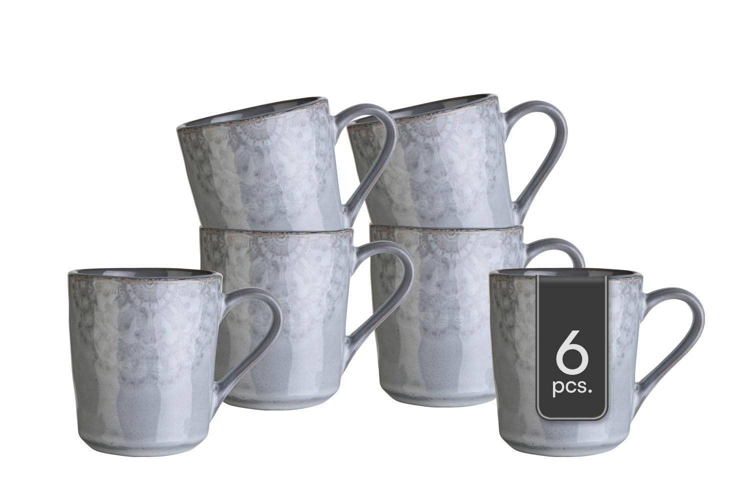Home4You Tasse 6er Set, 355 ml, Grau, mit floraler Prägung, Steingut, Glasiert, Spülmaschinengeeignet