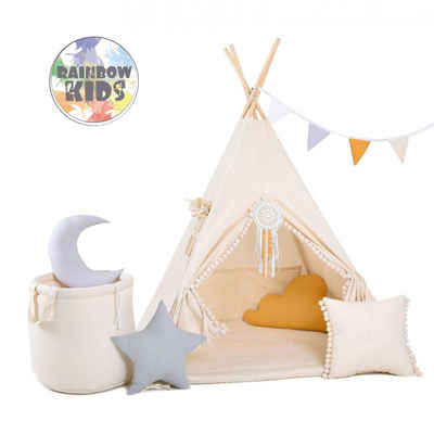 Rainbow Kids Tipi-Zelt Kinderzelt "Beiger Wolf" in Beige mit Zubehör, (8 tlg., mit 4 Kissen, Matte, Spielzeugkorb und Wimpelkette), Perfektes Spielzelt & Unterschlupf für Kinder, 110 x 110 x 160cm