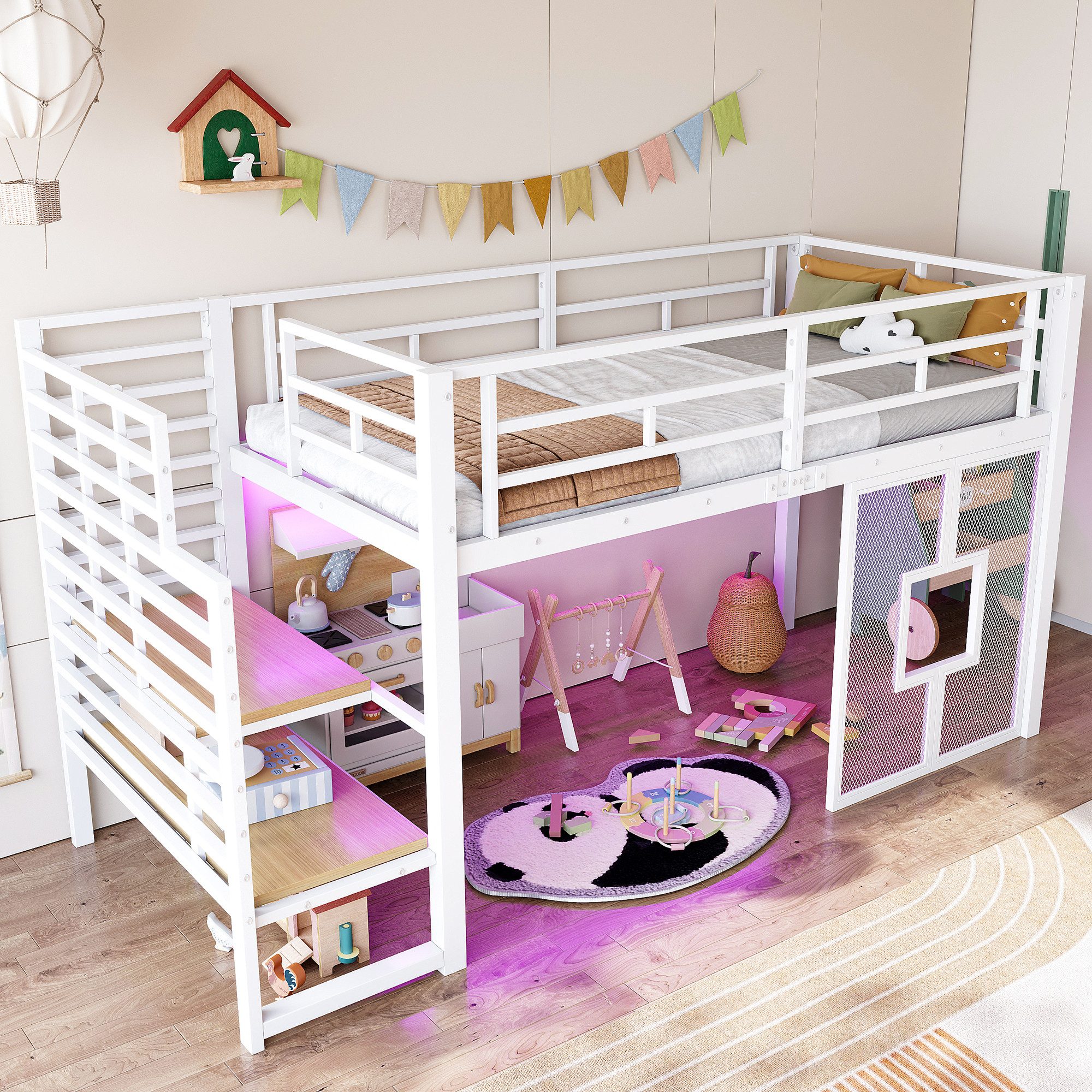 Merax Hochbett mit LED-Beleuchtung (1-St., Jugendbett Einzelbett Hausbett) Metallbett Kinderbett 90x200cm mit Treppe, Stauraum & Fenster