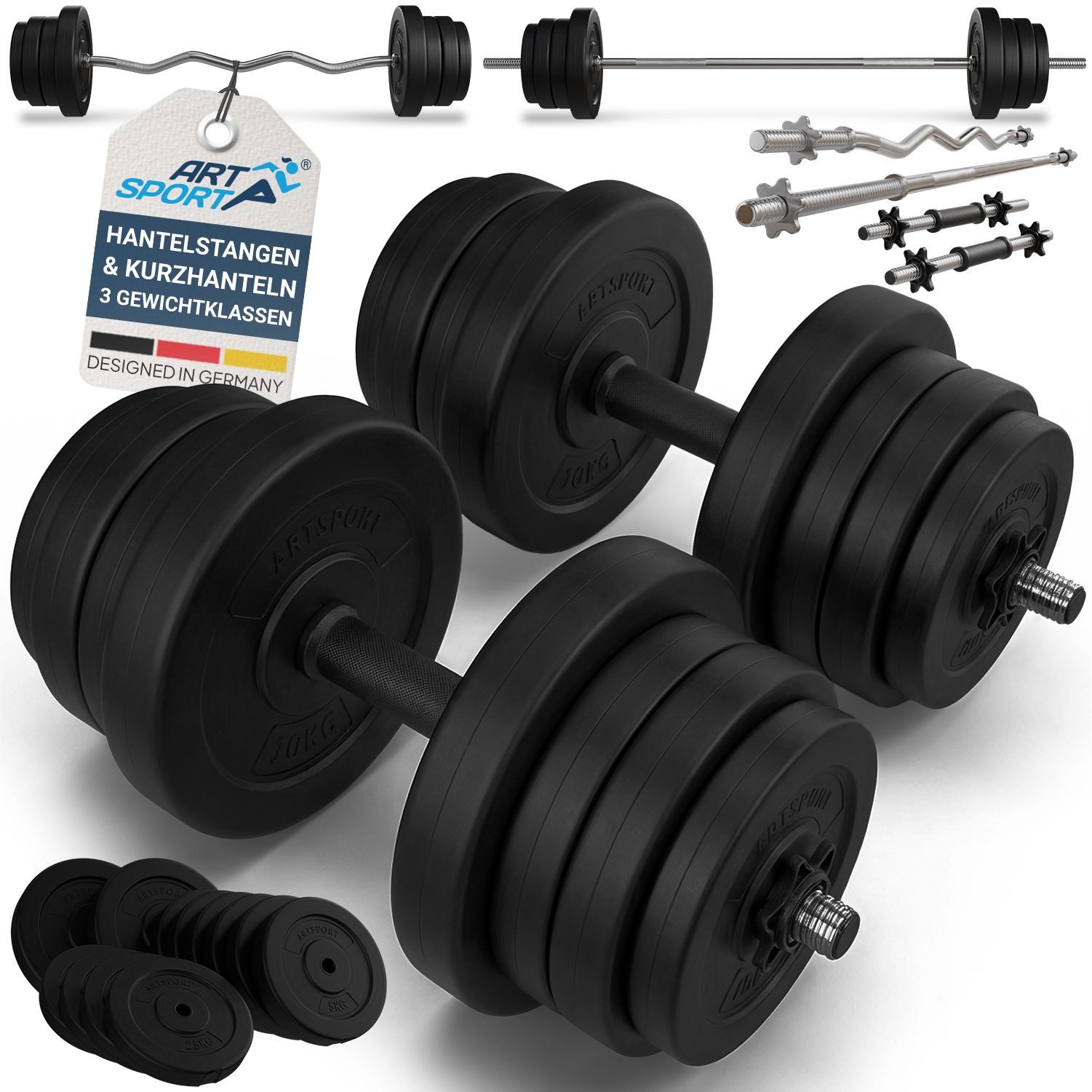 ArtSport Hantel-Set 3in1, Komplettset, 60 kg Gewichte, rutschfeste Griffe, Sternverschlüsse