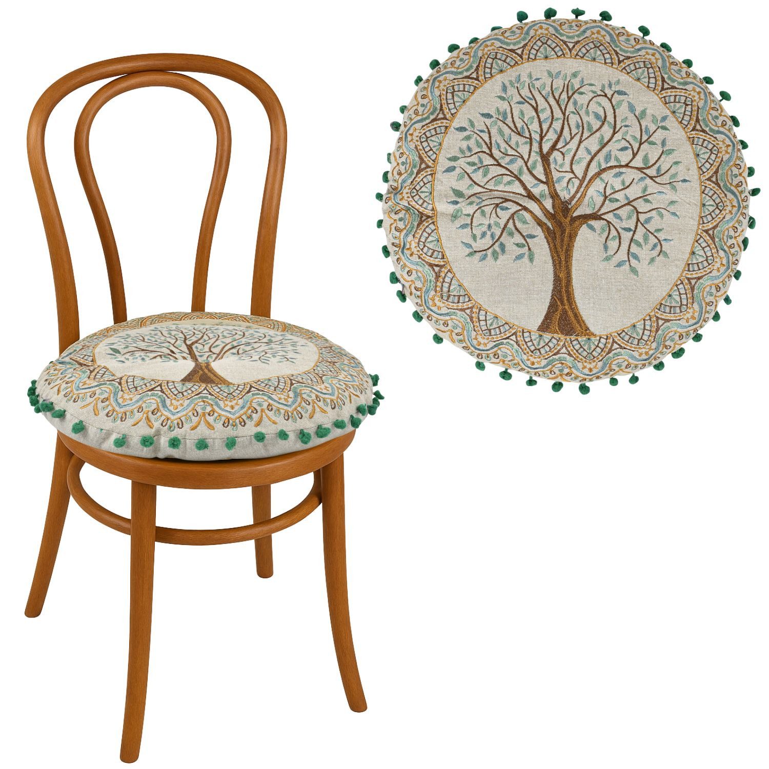 Marrakesch Orient & Mediterran Interior Stuhlkissen Rundes Stuhlkissen Guansha Braun Baum des Lebens Ø40x6cm 1 Stück, Handarbeit