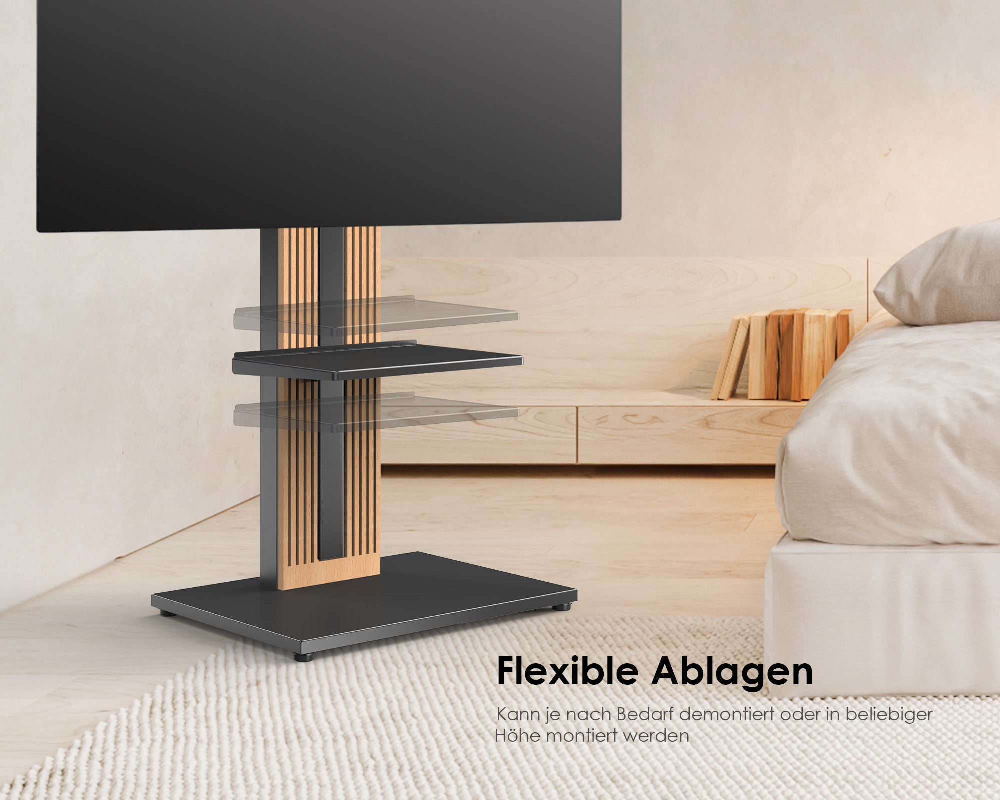 FITUEYES TV-Ständer aus Holz, mit höhenverstellbarer Ablage, ±15° schwenkbar, 32-65 Zoll, (bis 65,00 Zoll, höhenverstellbar, mit Kabelmanagement) – Bild 2 von 5