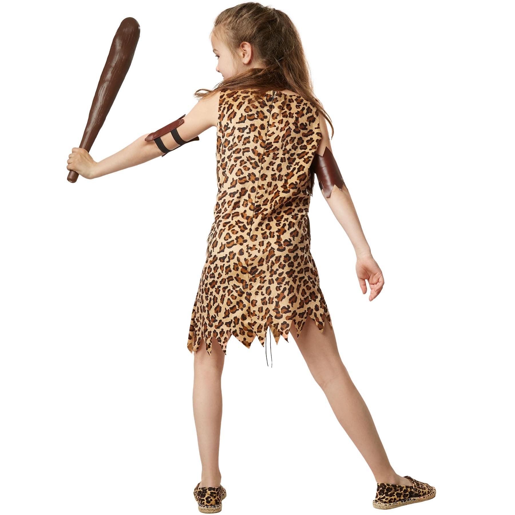 dressforfun Kostüm Höhlenfrau/Urzeitjägerin, in braun gemischt, Gr. 152 (11-12 Jahre), Armmanschetten aus Lederimitat, Ärmelloses Kleid mit Leopardenmuster