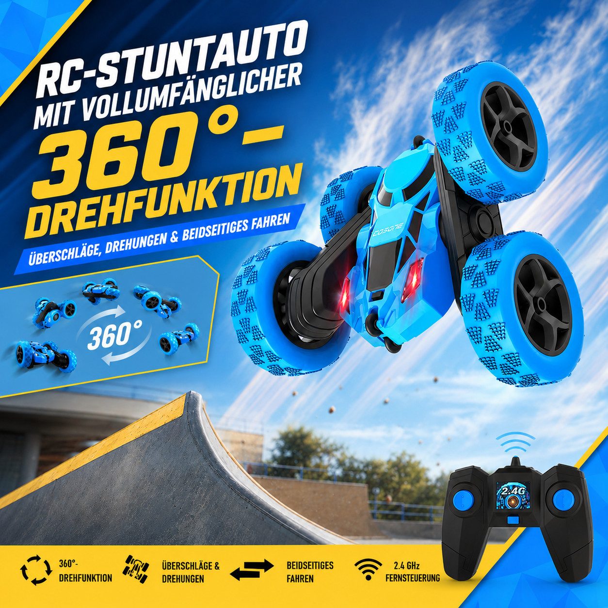 Diyarts RC-Auto (Ferngesteuertes Stuntauto inkl. 2 Akkus & Fernbedienung, Spiel-Set mit Zubehör), Stuntauto 360°-Action, LED-Lichtern & 60 Min. Spielspaß
