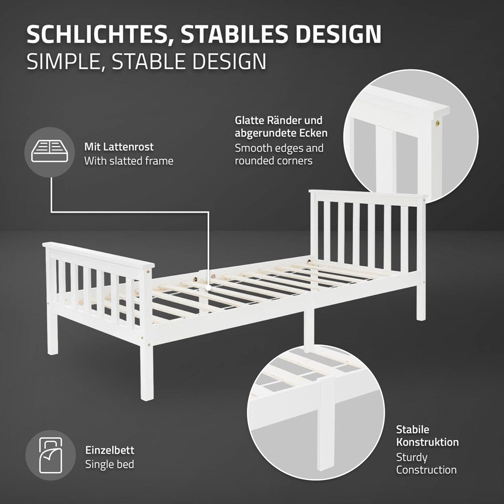 ML-DESIGN Bettgestell Holz Tagesbett, Jugend Einzelbett mit Kopf- & Fußteil, Holzbettgestell, Kinderbett, Bettrahmen Massivholz Bett Jugendbett Kiefer Weiß