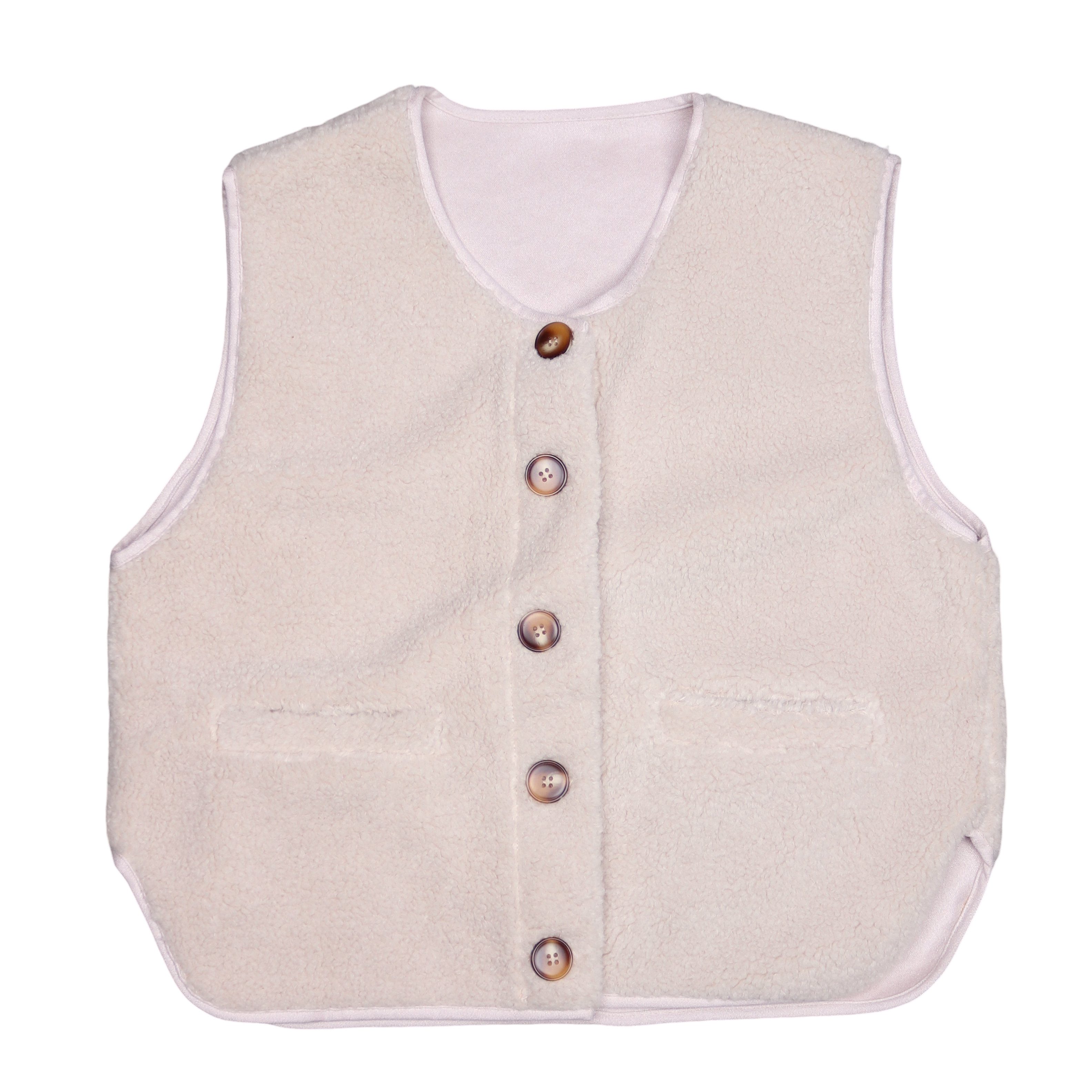 MIRROSI Plüschweste Damen Teddy Weste Plüsch – ärmellose Kuschelweste mit Knopfleiste (One Size – passend ca. für Größe 38, 40 und 42) weich & warm – 2 Seitentaschen