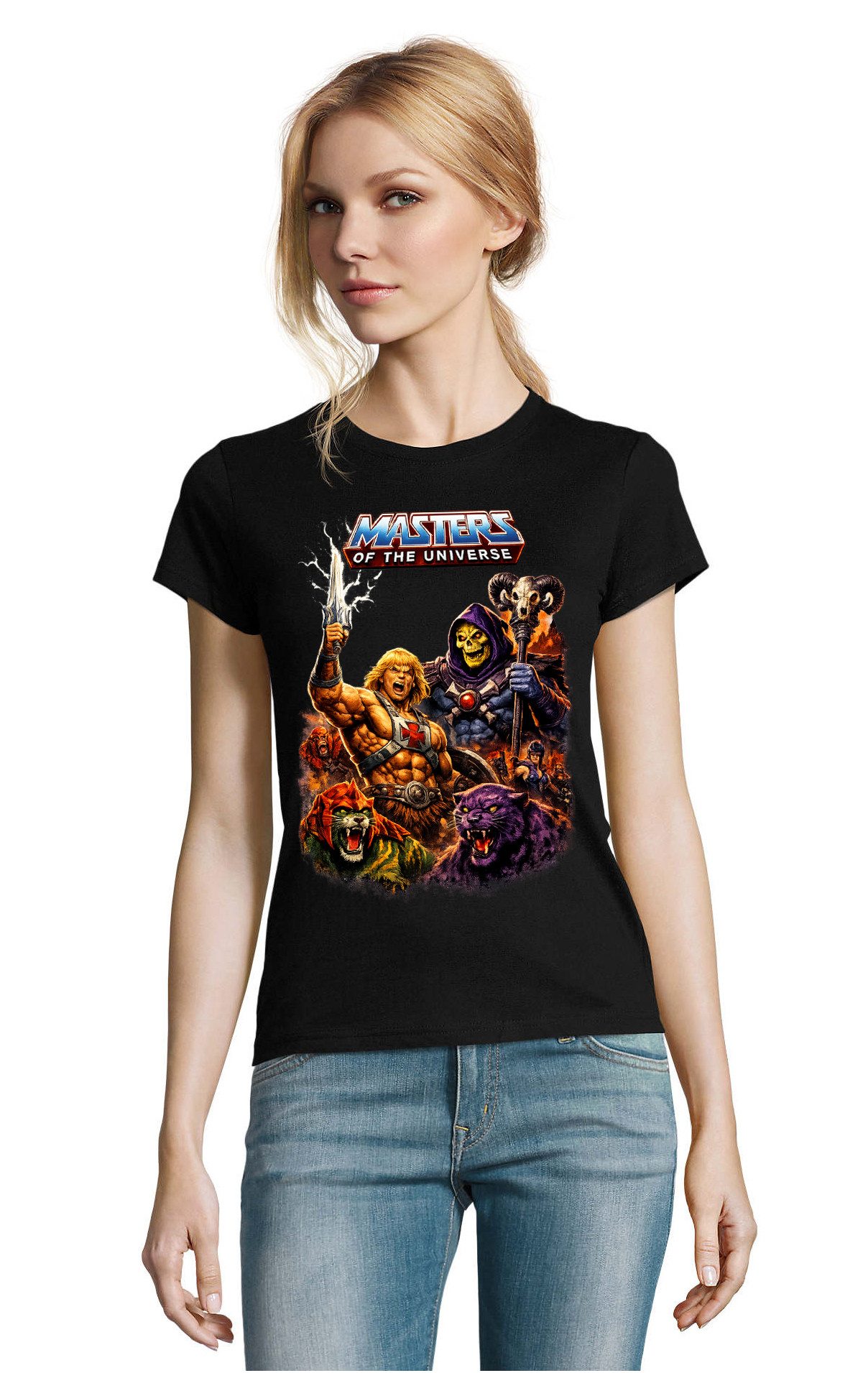 Blondie & Brownie T-Shirt Masters of the Universe Retro Helden Print Damen Shirt Rundhals Baumw (Einzelstück, Einzelartikel) Retro MOTU Helden Print Damen Shirt
