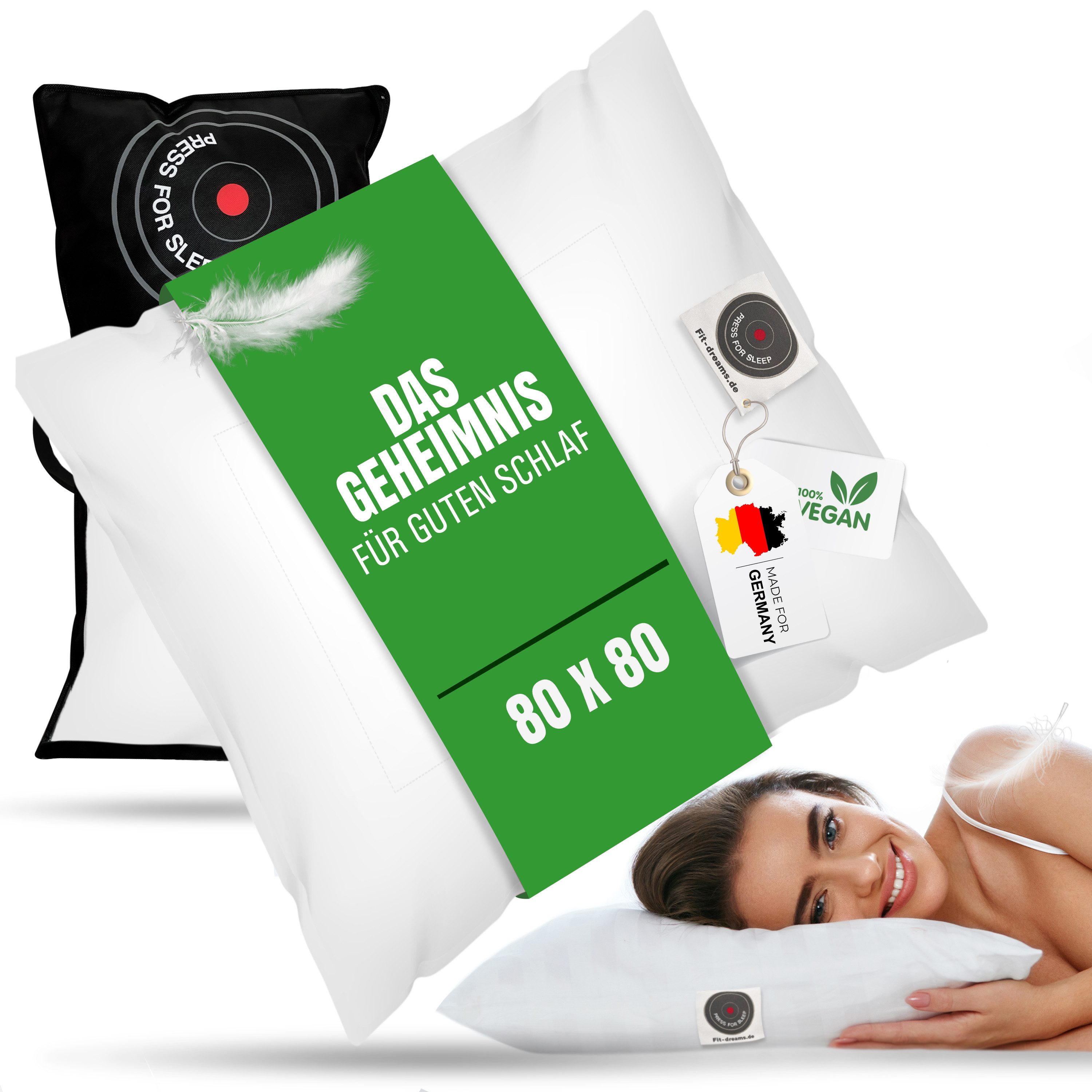 FIT DREAMS PRESS FOR SLEEP Kopfkissen Premium Kopfkissen mit abnehmbaren Bezug, Füllung: Fit-Dreams Technologie (Daunenähnlich), Seitenschläfer, Rückenschläfer, Bauchschläfer, Anti-Schnarch-Kissen, Spar-Set, 1-tlg., 40x80 / 80x80, temperaturregulierend - Schlafkissen mit Reißverschluss - Bestseller