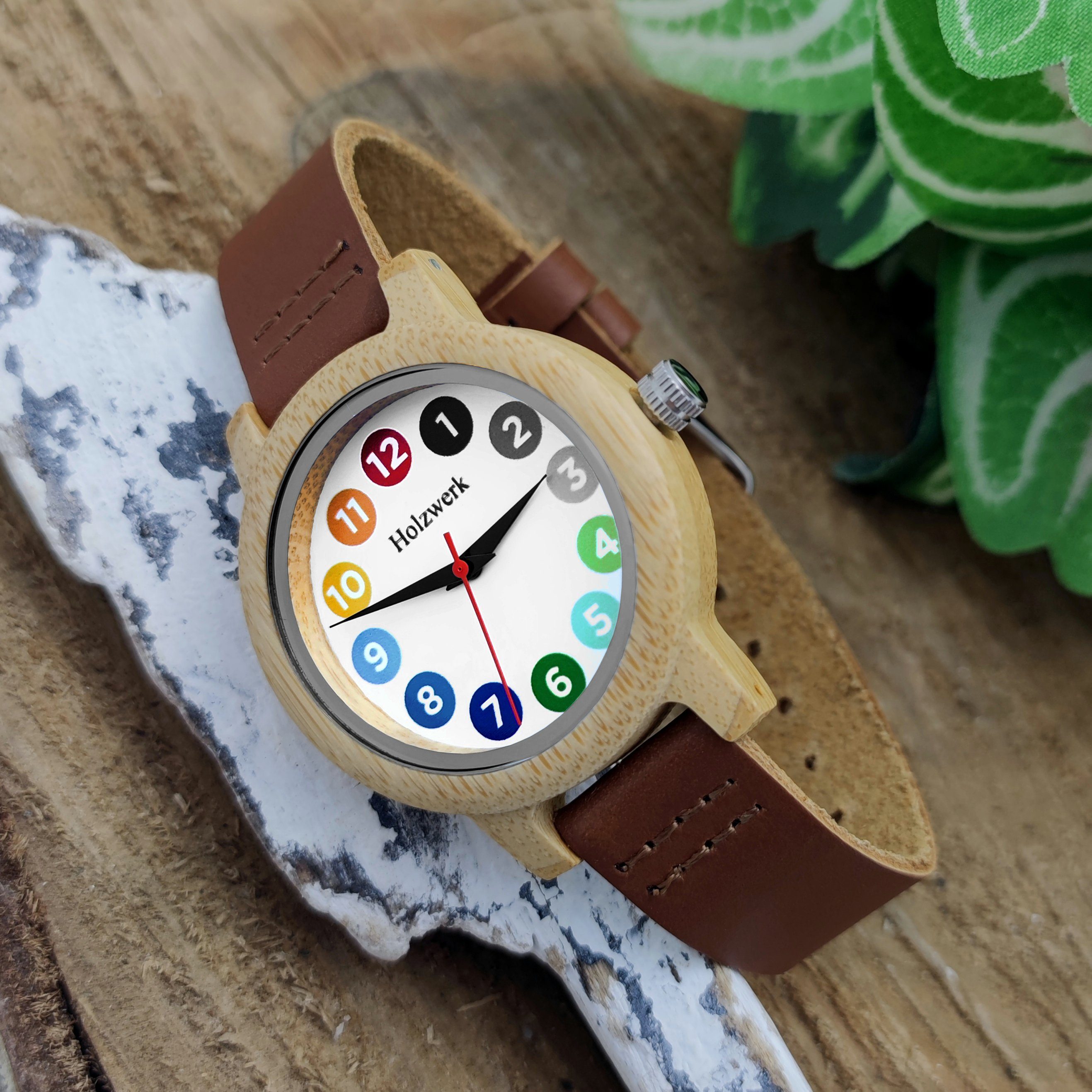 Holzwerk Quarzuhr LIL RAINBOW BROWN bunte kleine Kinder Leder & Holz Armband Uhr, braun