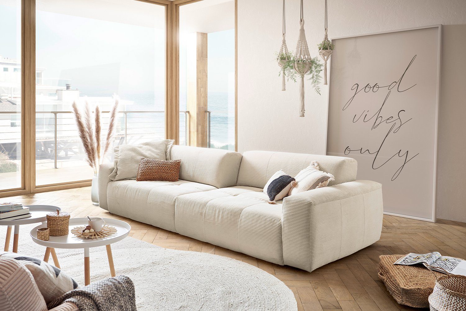 Sofa mit KAWOLA Cord Big versch. Farben cremeweiß PALACE, Sitztiefenverstellung 3-Sitzer