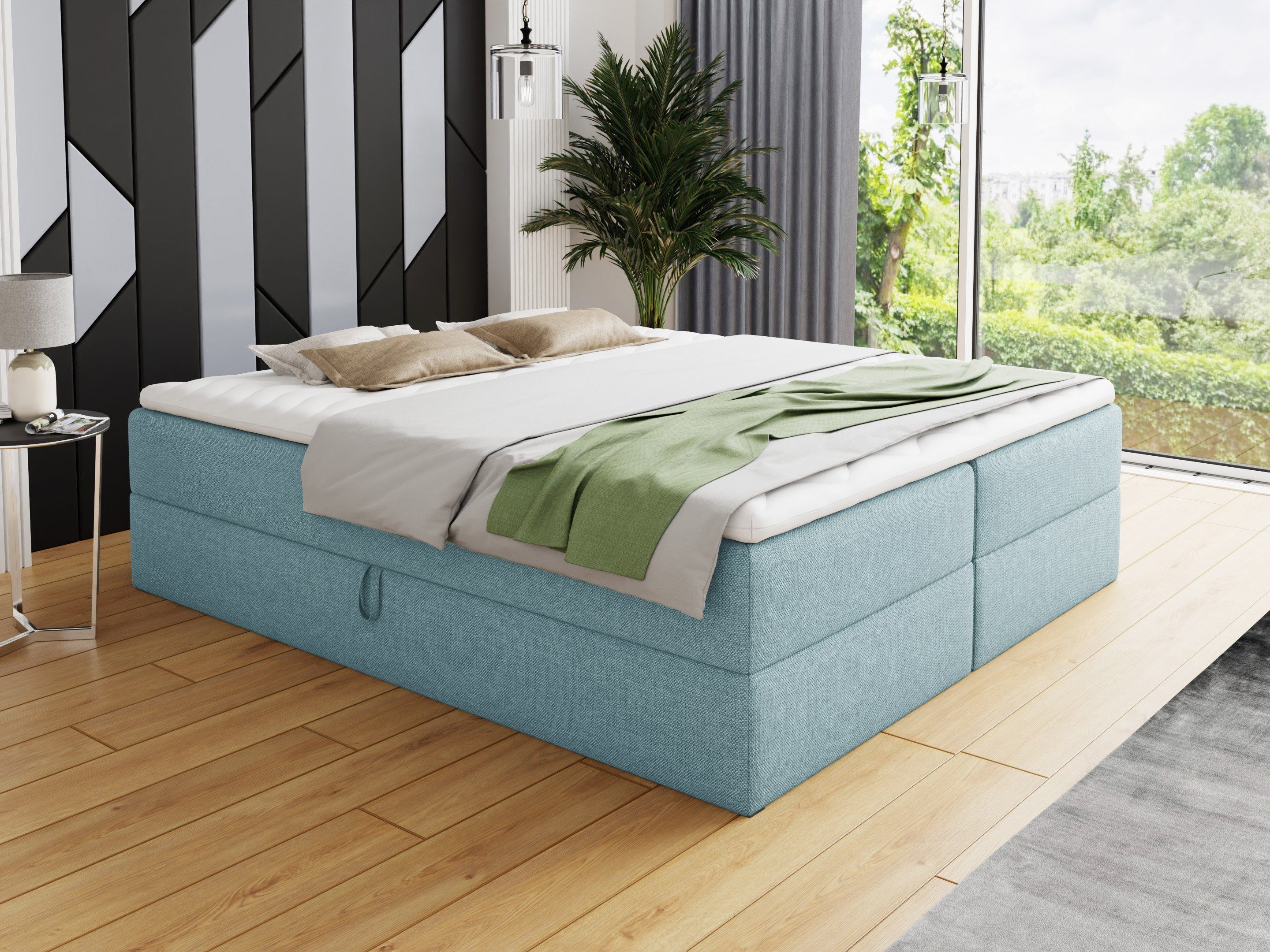 Sofnet Boxbett Base (mit zwei Bettkästen, Bonell-Matratze und Topper), Doppelbett, Polsterbett, Freistehendes Bett, Boxspringbett