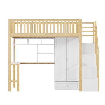 IDEASY Einzelbett Hochbett, Kinderbett, multifunktionales Kinder-Hochbett, 90 x 200 cm, (Geeignet zum Lernen und Spielen), mit Geländer, mit Kleiderschrank, Tisch, Ablagen, Leiter