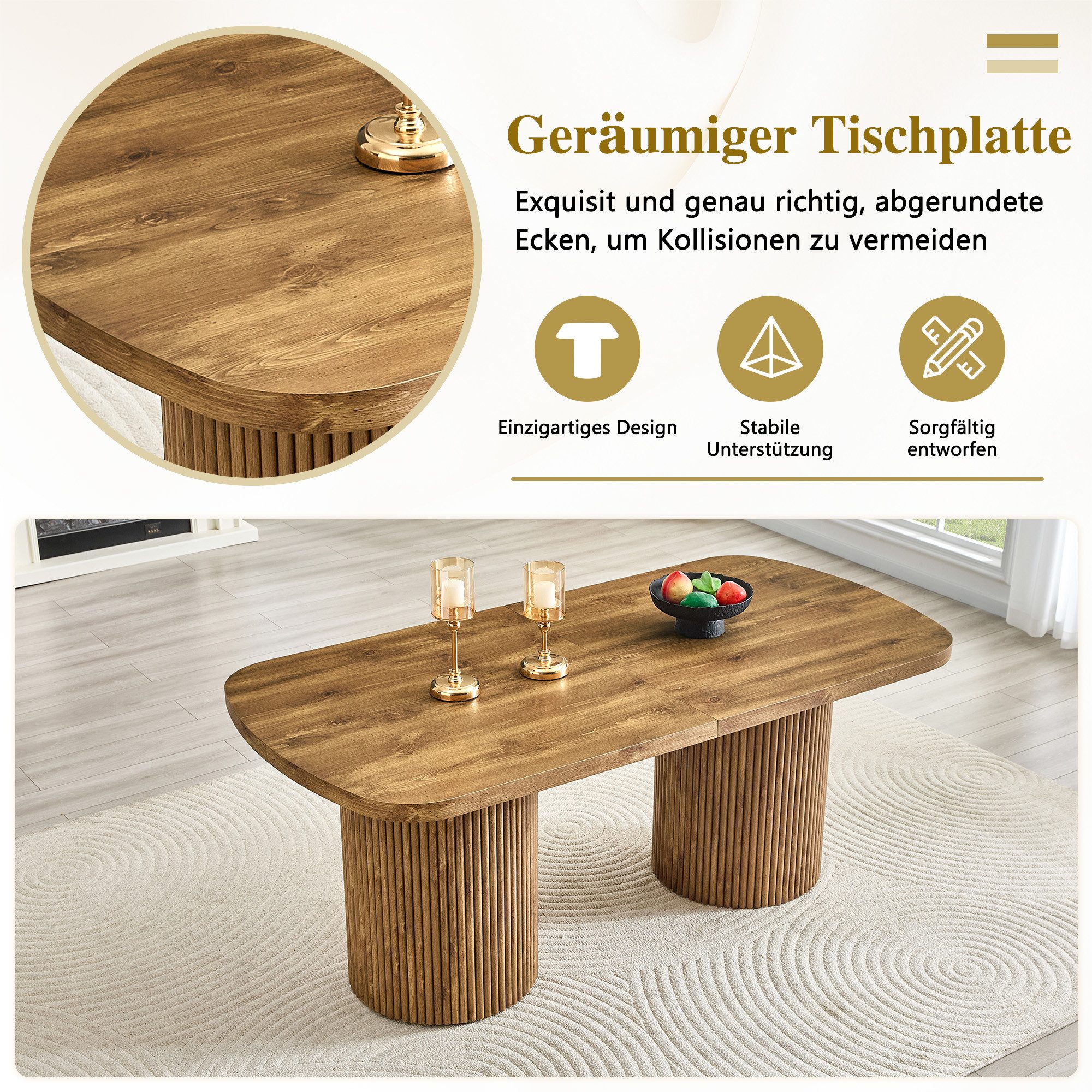 HAUSS SPOLE Esstisch mit Säulenfuß & Holzoptik,Küchentisch Beistelltisch aus MDF,Holz (Wohnzimmertisch mit Holzmaserungsfinish für 6–8 Personen), Küchentisch mit ovaler Tischplatte