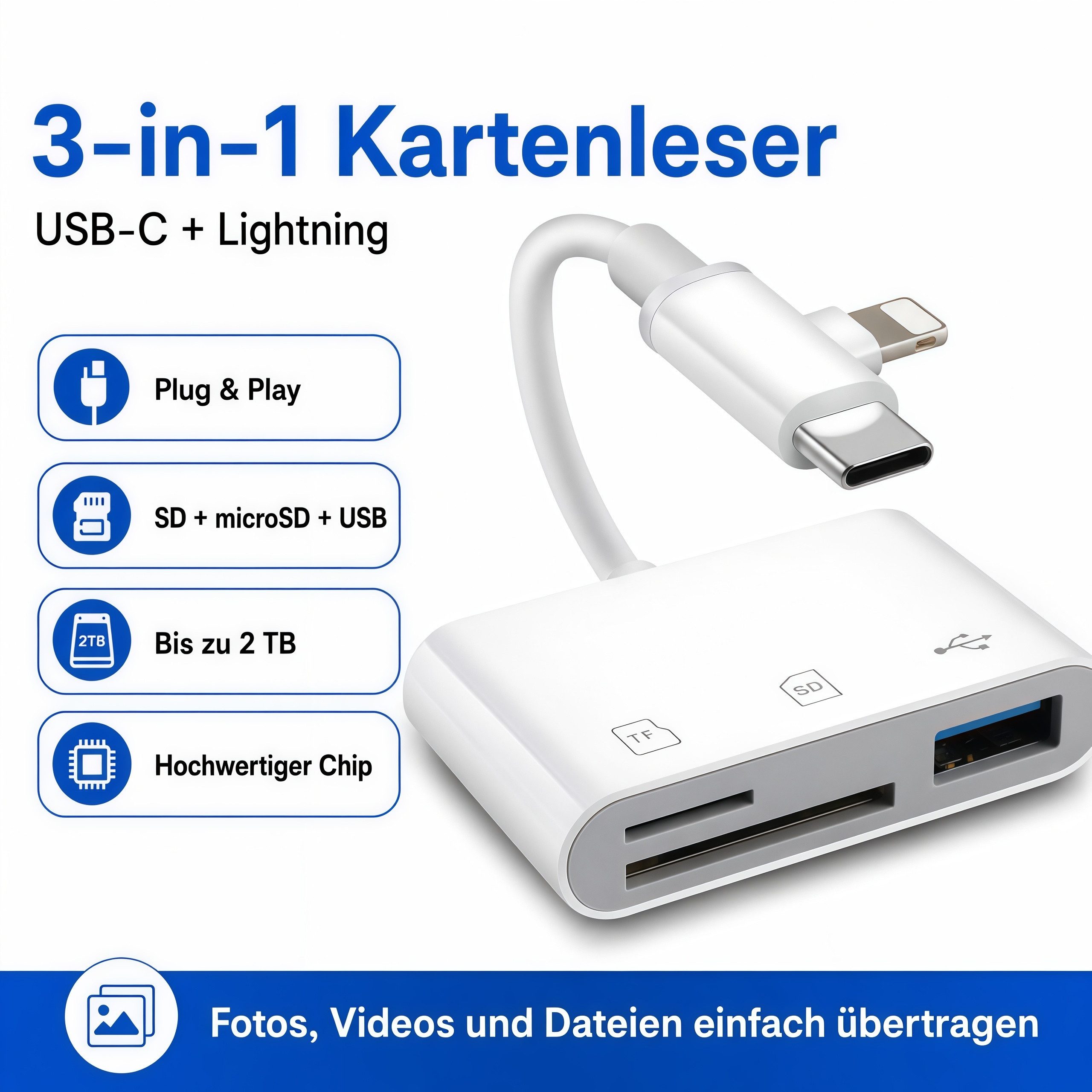 ibettertec 3-in-1 Kartenleser USB-C & Lightning Adapter, SD Kartenleser microSD USB-Adapter TF Speicherkartenleser, Plug & Play Kartenadapter für iPhone, iPad zu Smartphone, Tablet und Laptop